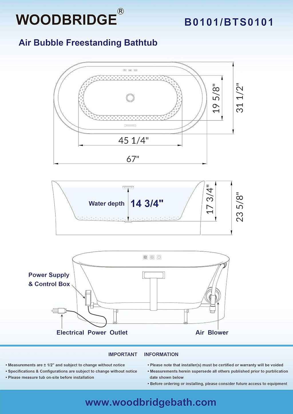 WOODBRIDGE 67' Air Bubble Acrylic Freestanding Bathtub Contemporary Soaking Tub, White Acrylic wirh Matte Black Drain and Overflow,B0101-MB