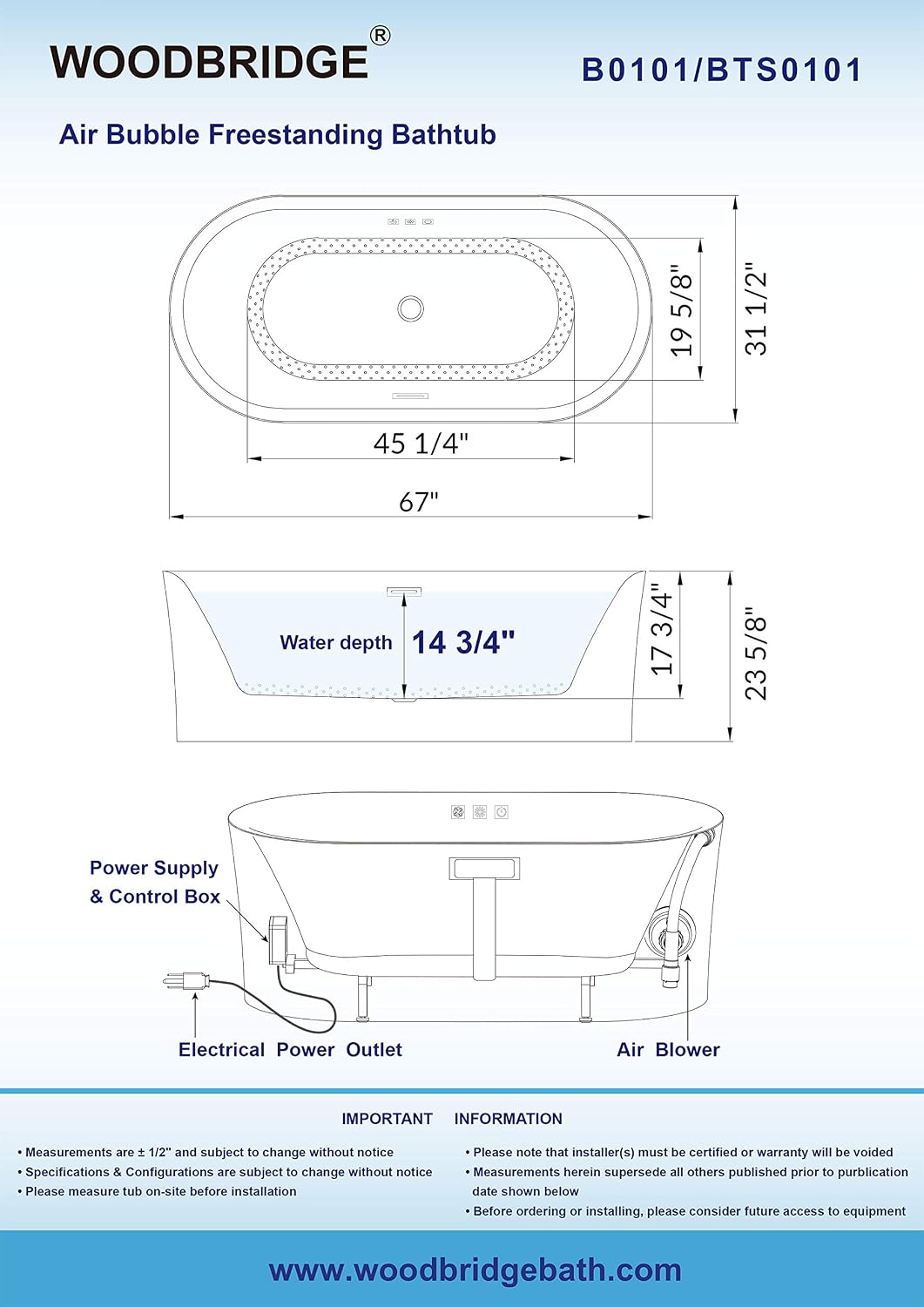 WOODBRIDGE 67' Air Bubble Acrylic Freestanding Bathtub Contemporary Soaking Tub, White Acrylic wirh Oil Rubbed Bronze Drain and Overflow,B0101-ORB