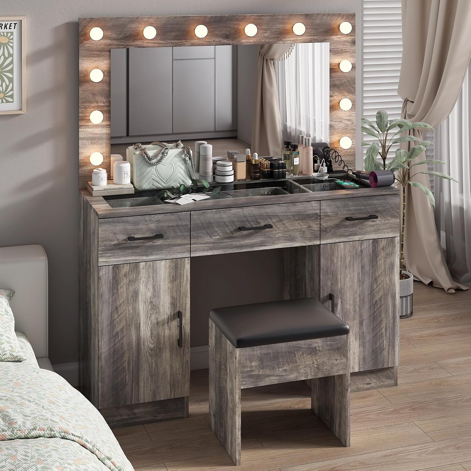 VINGLI Vanity Desk with LED Lighted Mirror & Padded Stool, Makeup Table with Drawers & Cabinets & Power Outlet & Glass Top & 12 Light Bulbs with 3 Colors for Dressing Room Bedroom, Grey