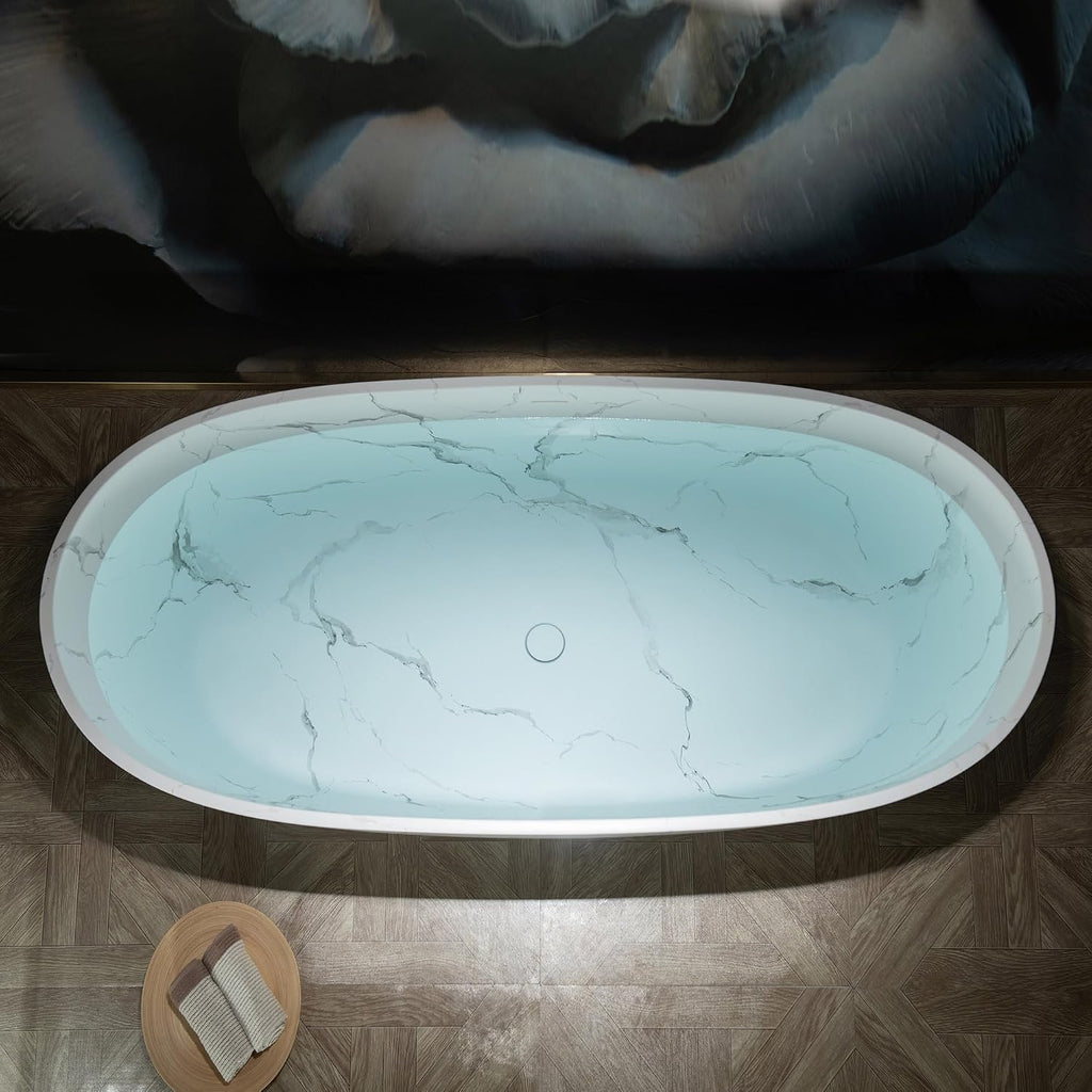 WOODBRIDGE 67' Marble-Pattern Stone Resin Freestanding Soaking Tub, Modern Oval Solid Surface Bathtub with Integrated Slotted Overflow & Drain, Matte Finish, CST0745