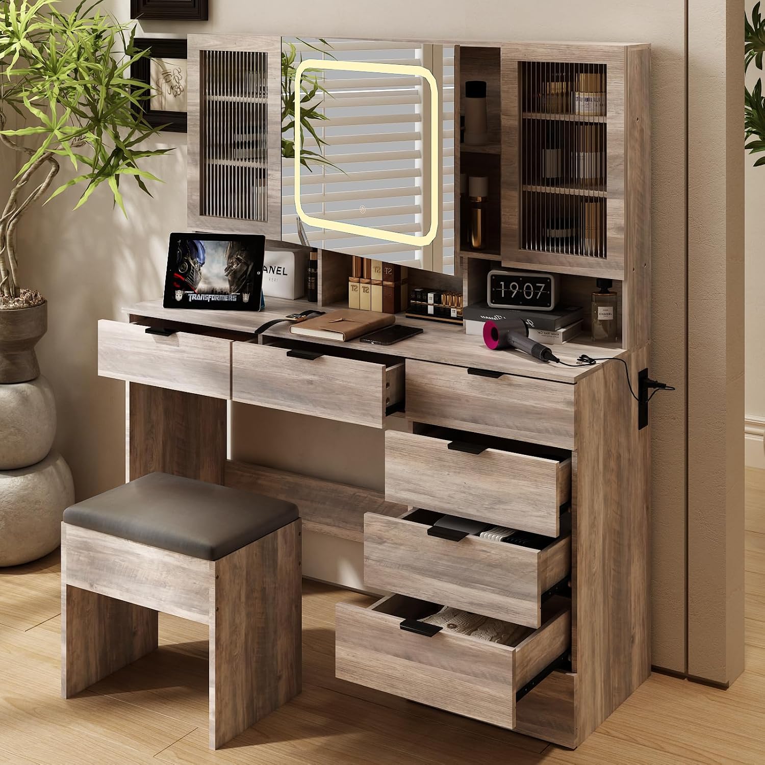 VINGLI Vanity Desk with LED Lighted Mirror & Padded Bench, Makeup Set with 7 Drawers & 2 Clear Glass Cabinets & 1 Hidden Mirror Cabinet & 3 Storeroom & Charging Station for Bedroom, Grey