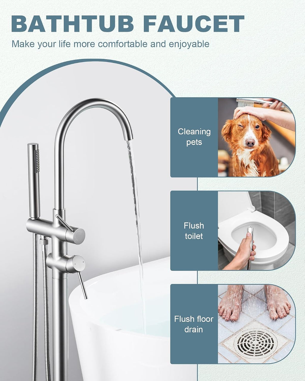 Freestanding Bathtub Faucet Brushed Nickel, Floor Mount Tub Filler, High Flow Brass Shower Faucets with Handheld Sprayer for Bath