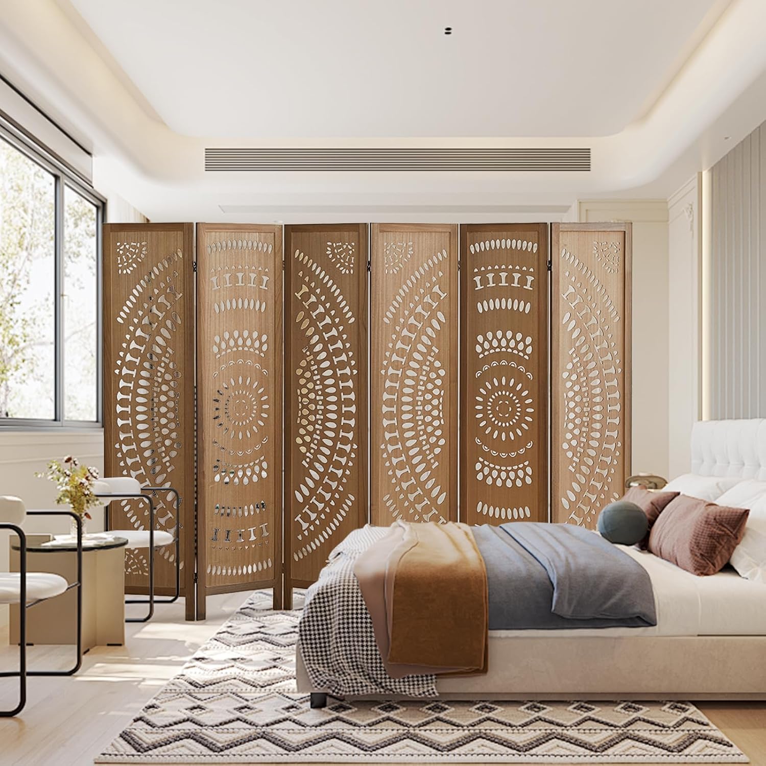 Room Dividers and Folding Privacy Screens, Boho 6 Panel Room Divider, 67' Room Divider Wall, Modern Room Partition, Privacy Dividers for Rooms, Bedroom, Office, Brown
