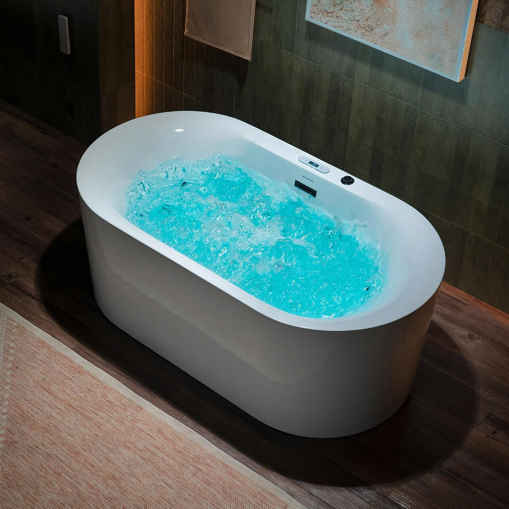 WOODBRIDGE 59' x 31-1/2' Whirlpool and Air Bath Heated Soaking Combination Tub with Adjustable Speed Air Blower and Display Control Panel, Matte Black Finish Trim and Drain Kit, BM100