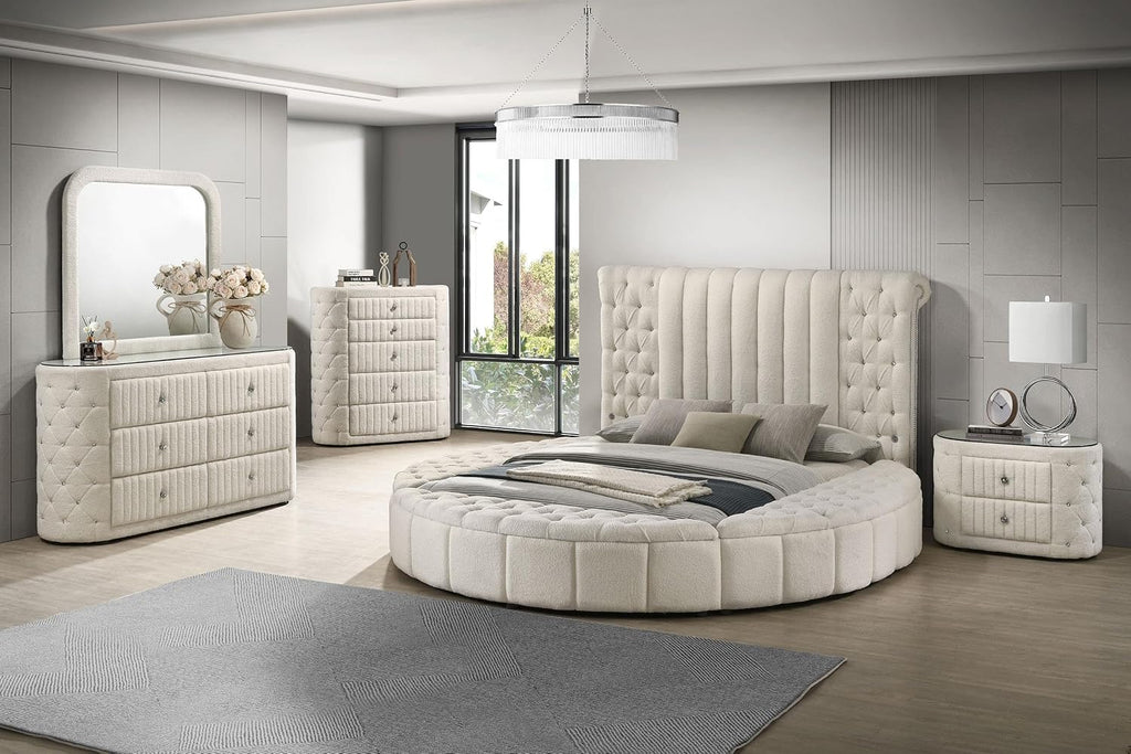 Coaster Home Furnishings - Sonya - Wood - 5-Piece Bedroom Set with Round Bed, Scroll-Back Headboard, USB Ports and Modern Classic Style - Bedroom - Eastern King Size - Ivory - 360111KE-S5