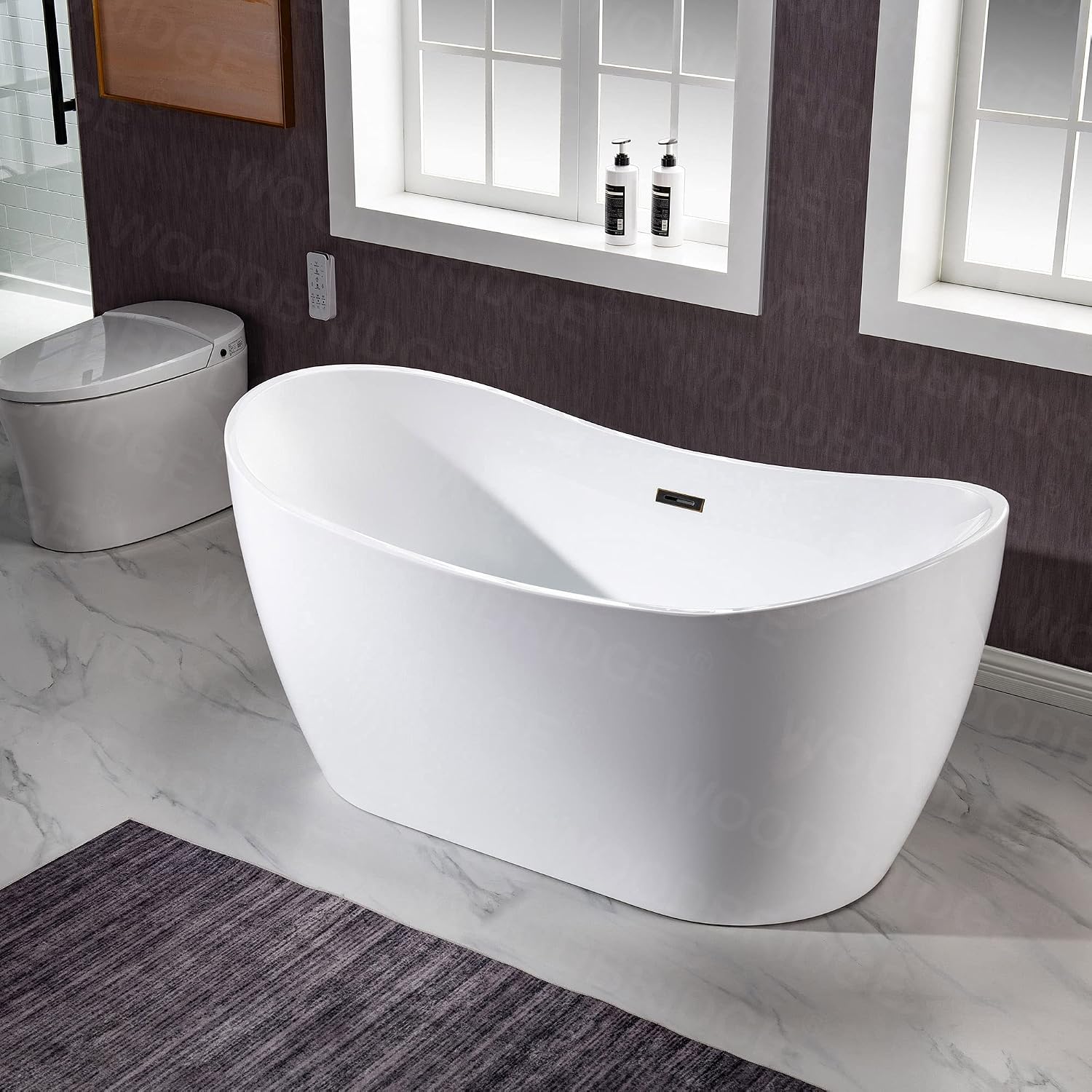 WOODBRIDGE 59' Acrylic Freestanding Bathtub Contemporary Soaking White Tub with Oil Rubbed Bronze Overflow and Drain,B0016-ORB