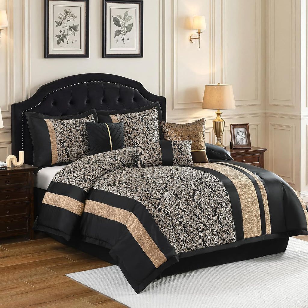 Bedduvit Luxury 7 Piece Queen Comforter Set - Vintage Elegant Floral Jacquard Black and Gold Bed in Bag, Chic Stripe Botanical Patchwork Thick Bedding Set with Bed Skirt, Decorative Pillows, Shams