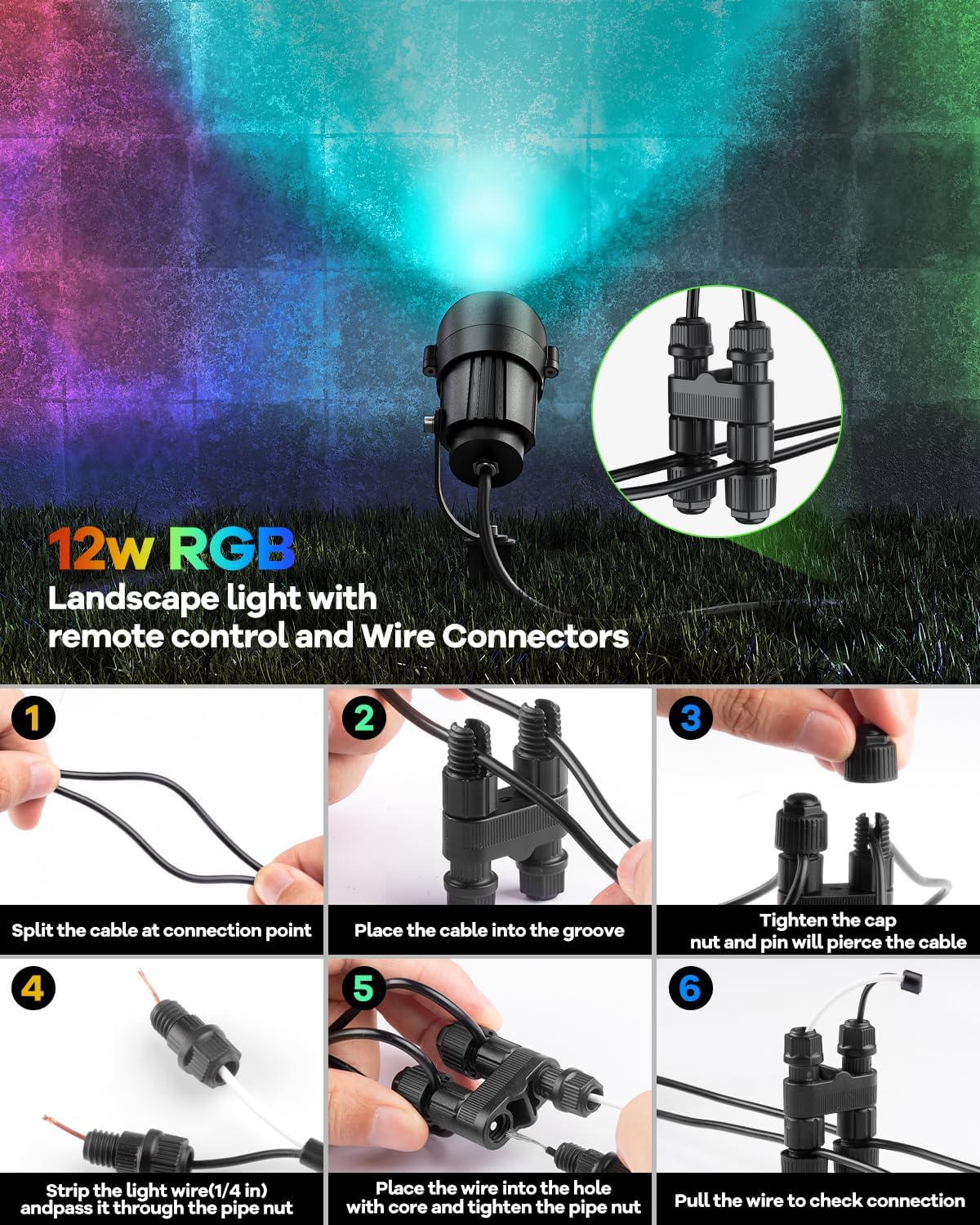 HIBOITEC 12W RGBCWWW Landscape Lighting Kit with 300W Low Voltage UL Transformer, 12-Pack Water Proof Color Changing Outdoor Spotlights for Yard Tree, DIY Holiday RF Remote No App