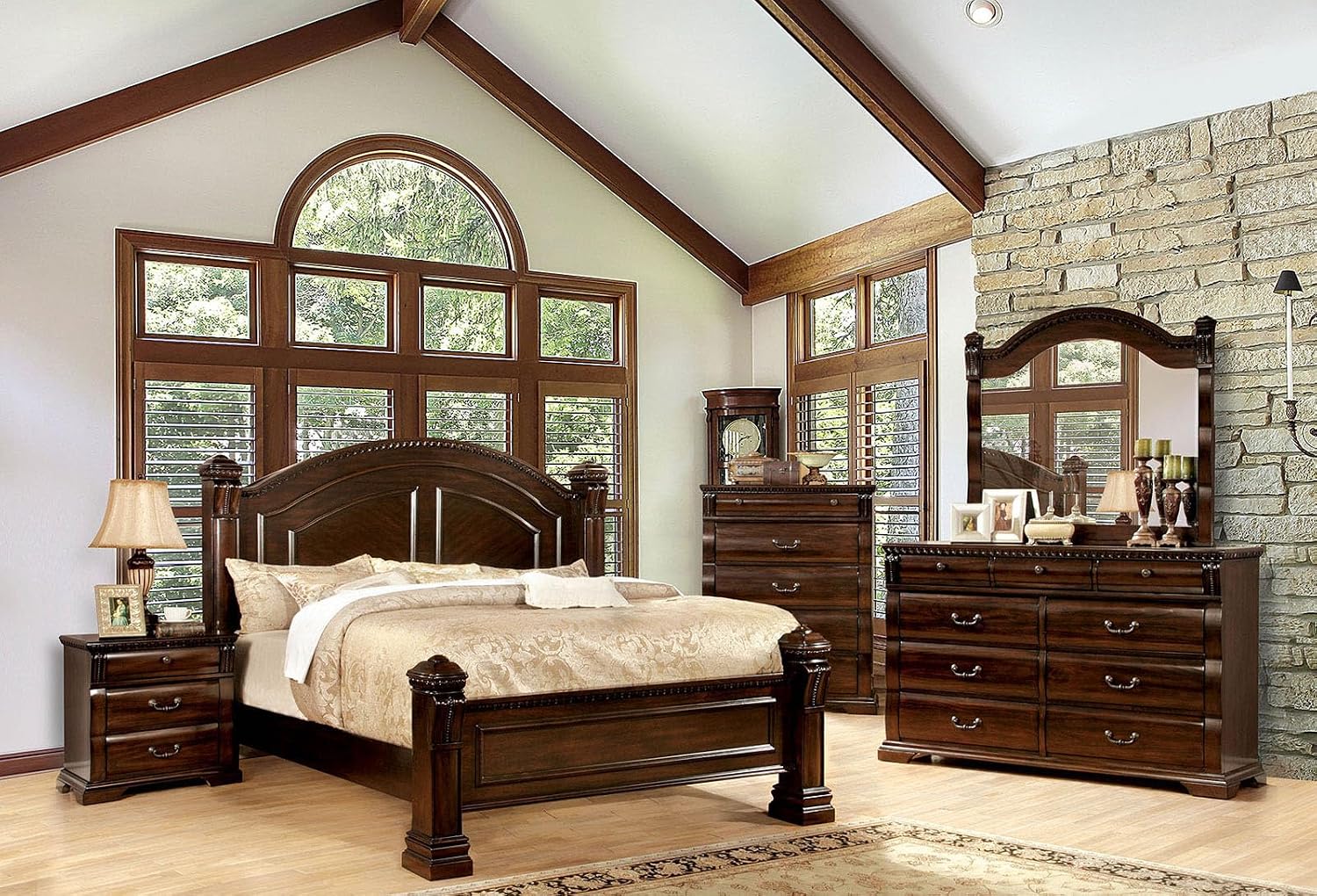MASARA Traditional 4-Piece Queen Bedroom Set, Cherry Wood, Decorative Posts, Felt-Lined Drawers