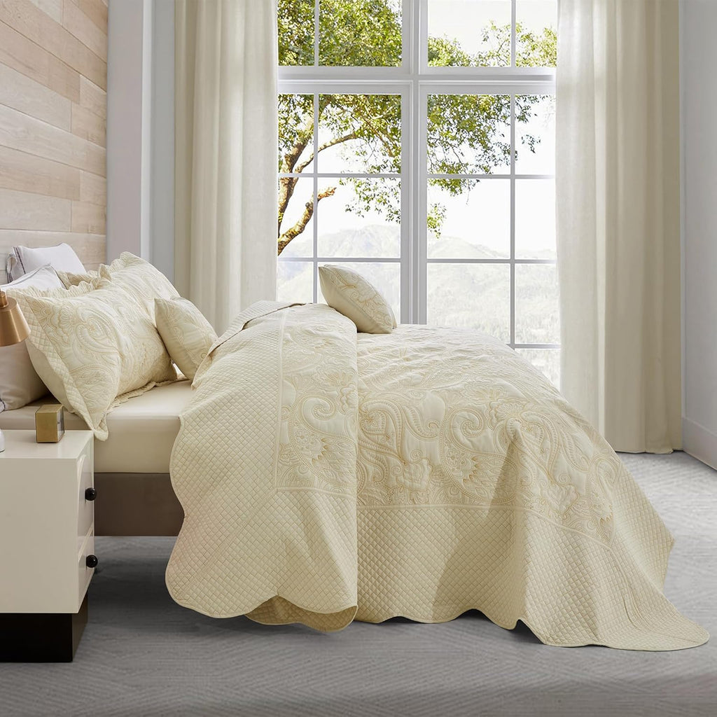 Oversized King Bedspread, Paisley Pattern Design, Lightweight Bedding Cover, Reversible, 5 Piece, 100% Microfiber, Ivory Yellow