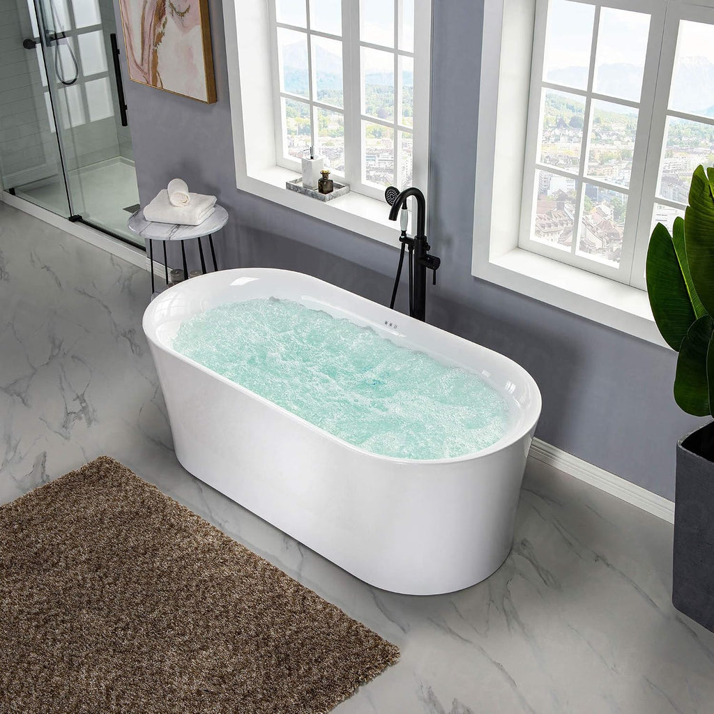WOODBRIDGE 67' Air Bubble Acrylic Freestanding Bathtub Contemporary Soaking Tub, White Acrylic wirh Oil Rubbed Bronze Drain and Overflow,B0101-ORB
