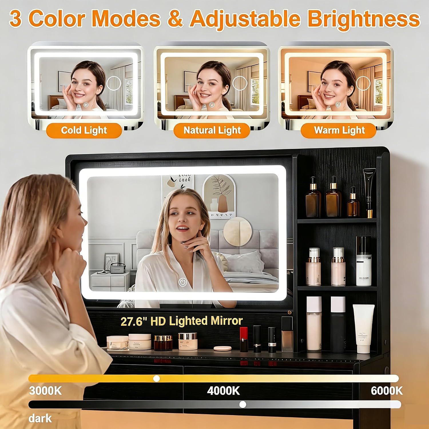 Vanity Desk, Makeup Vanity Desk with Mirror and Lights, Transparent Top with LED Multiple Color Lights, Mirror 3 Color Modes 2 Drawers, Power Outlet, Dressing Table for Girls Bedroom, Black