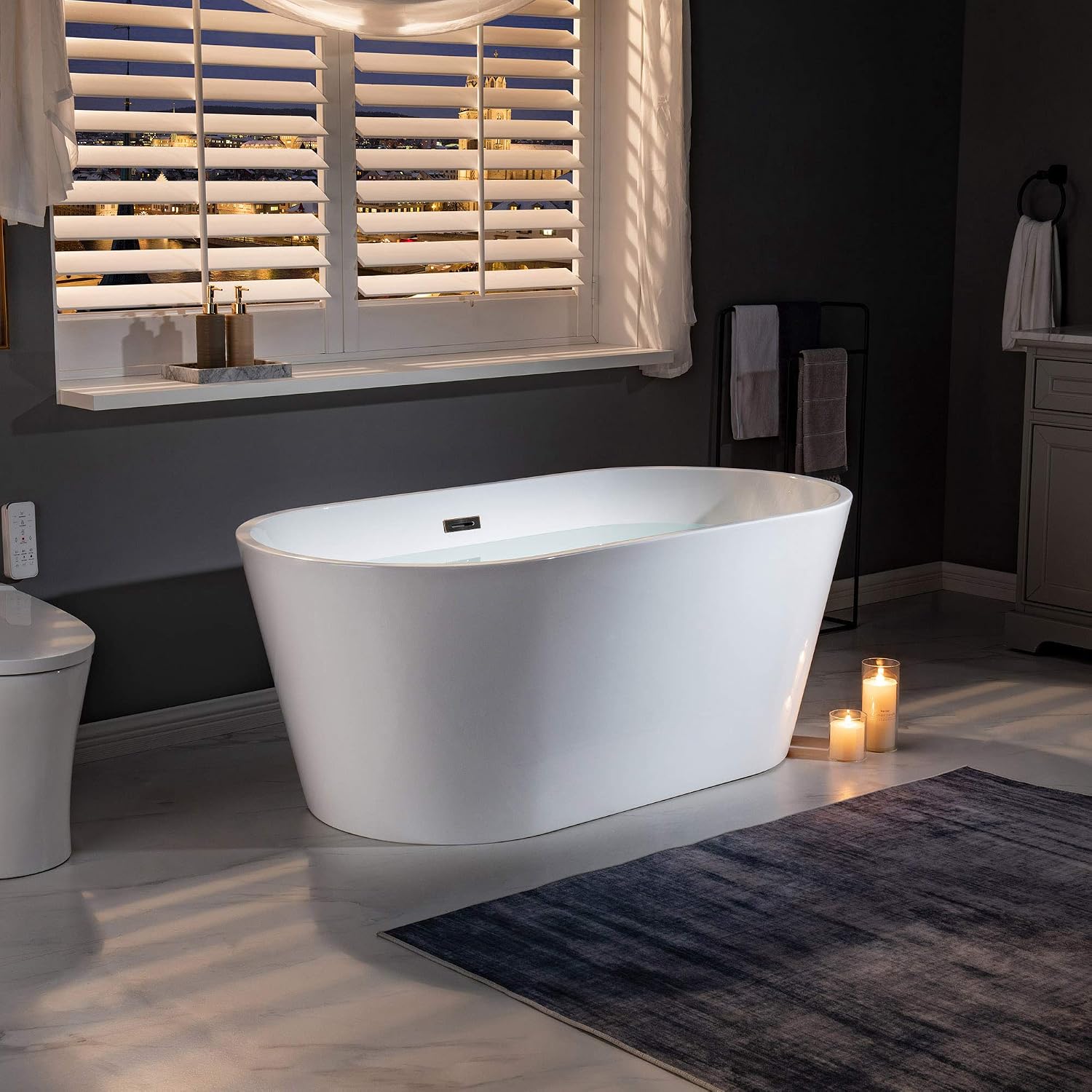 WOODBRIDGE 59' Acrylic Freestanding Bathtub Contemporary Soaking White Tub with Oil-Rubbed Bronze Overflow and Drain，B0014-ORB