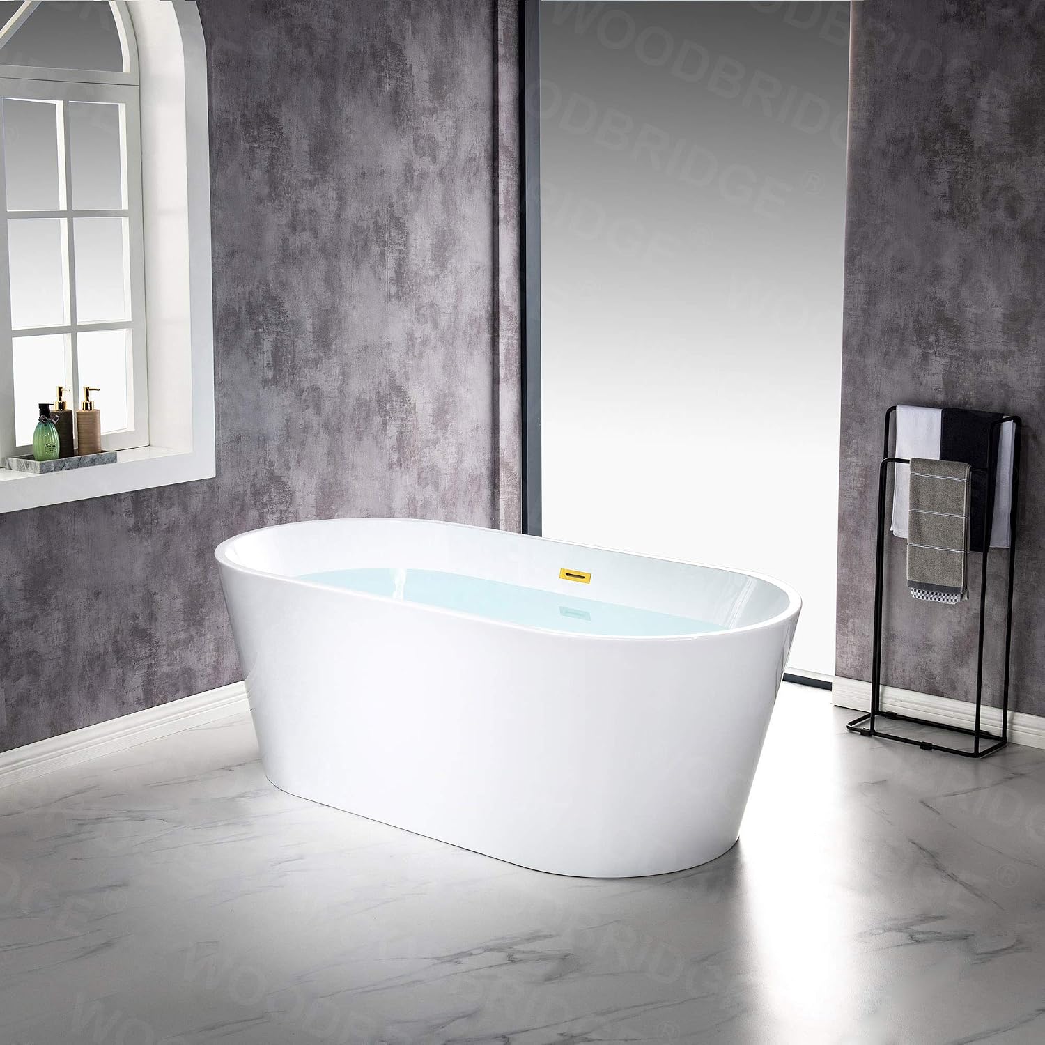 WOODBRIDGE 67' Acrylic Freestanding Bathtub Contemporary Soaking White Tub with Brushed Gold Overflow and Drain，B0013 -BG-Drain &O