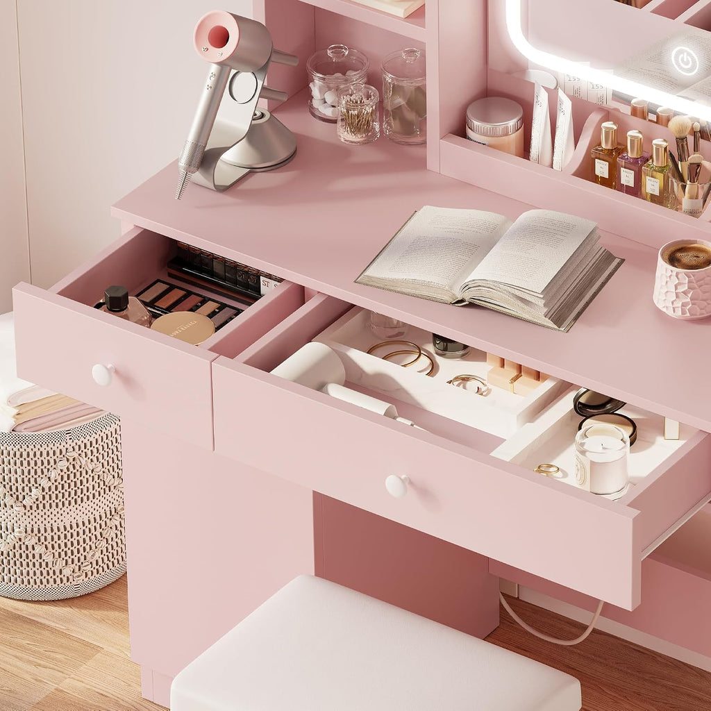 IRONCK Vanity Desk with LED Lighted Mirror & Power Outlet, Makeup Table with Drawers & Cabinet,Storage Stool,for Bedroom, Pink