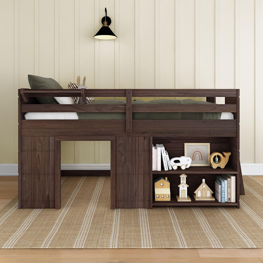 Max & Lily Modern Farmhouse Low Loft (Twin), with Bookcase, Barnwood Brown