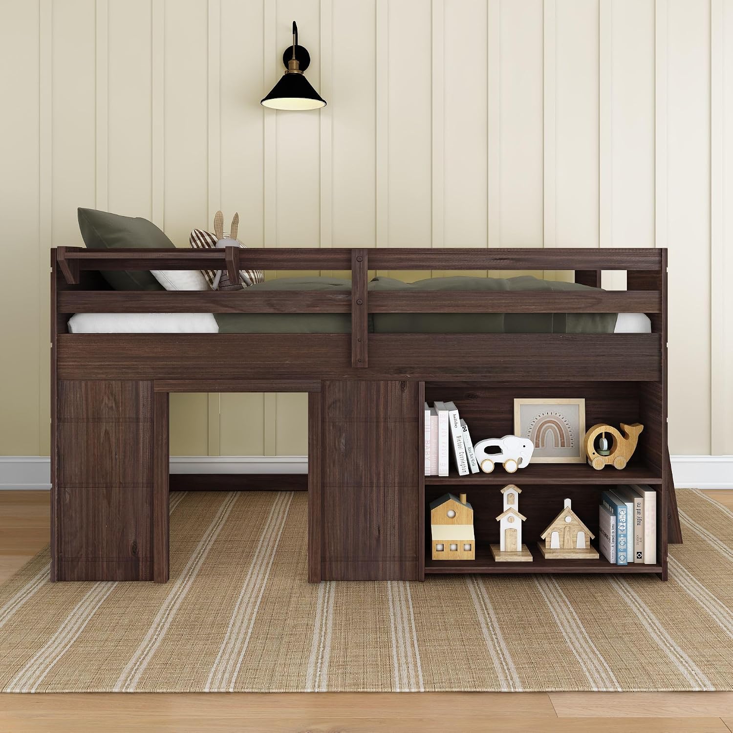 Max & Lily Modern Farmhouse Low Loft (Twin), with Bookcase, Barnwood Brown