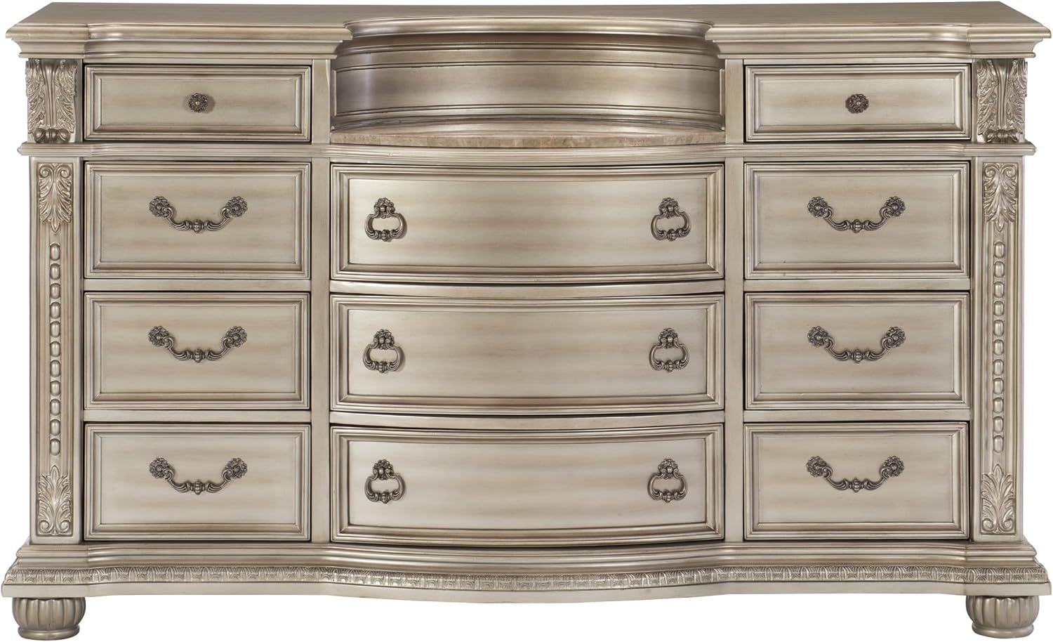 Traditional Classic 4 Pieces California King Size Set Silver Finish Faux Leather Upholstered Bed Classic Design Marble Top Formal Bedroom Furniture