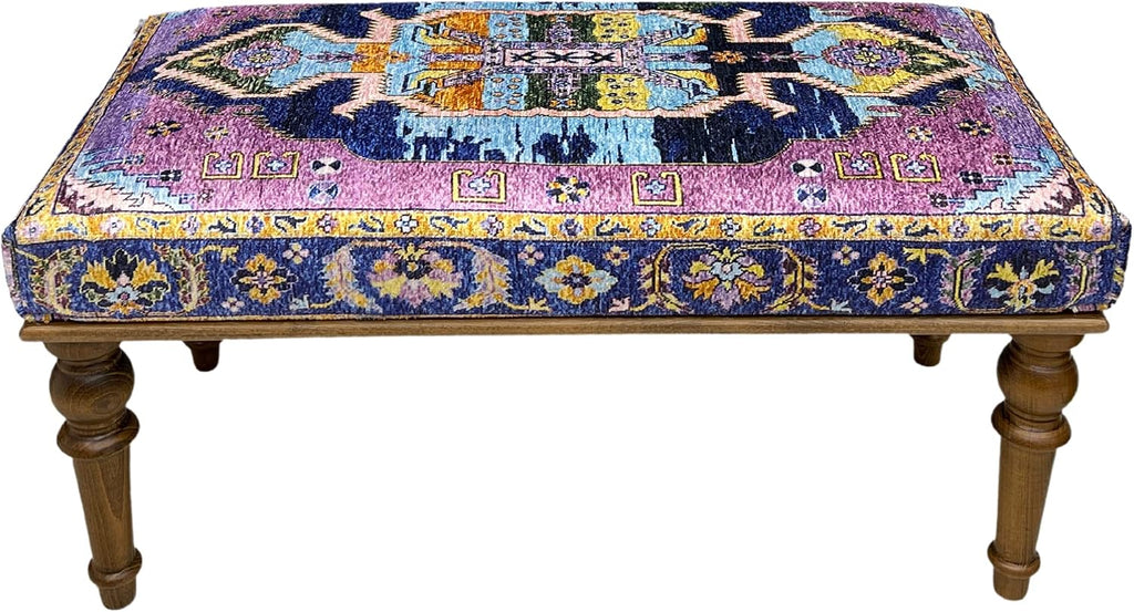 Generic Handmade Oriental Rug Bench, Pink, Wood, Cotton Fabric, Sponge