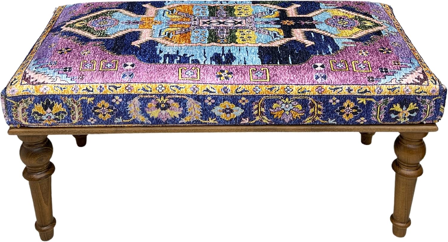 Generic Handmade Oriental Rug Bench, Pink, Wood, Cotton Fabric, Sponge