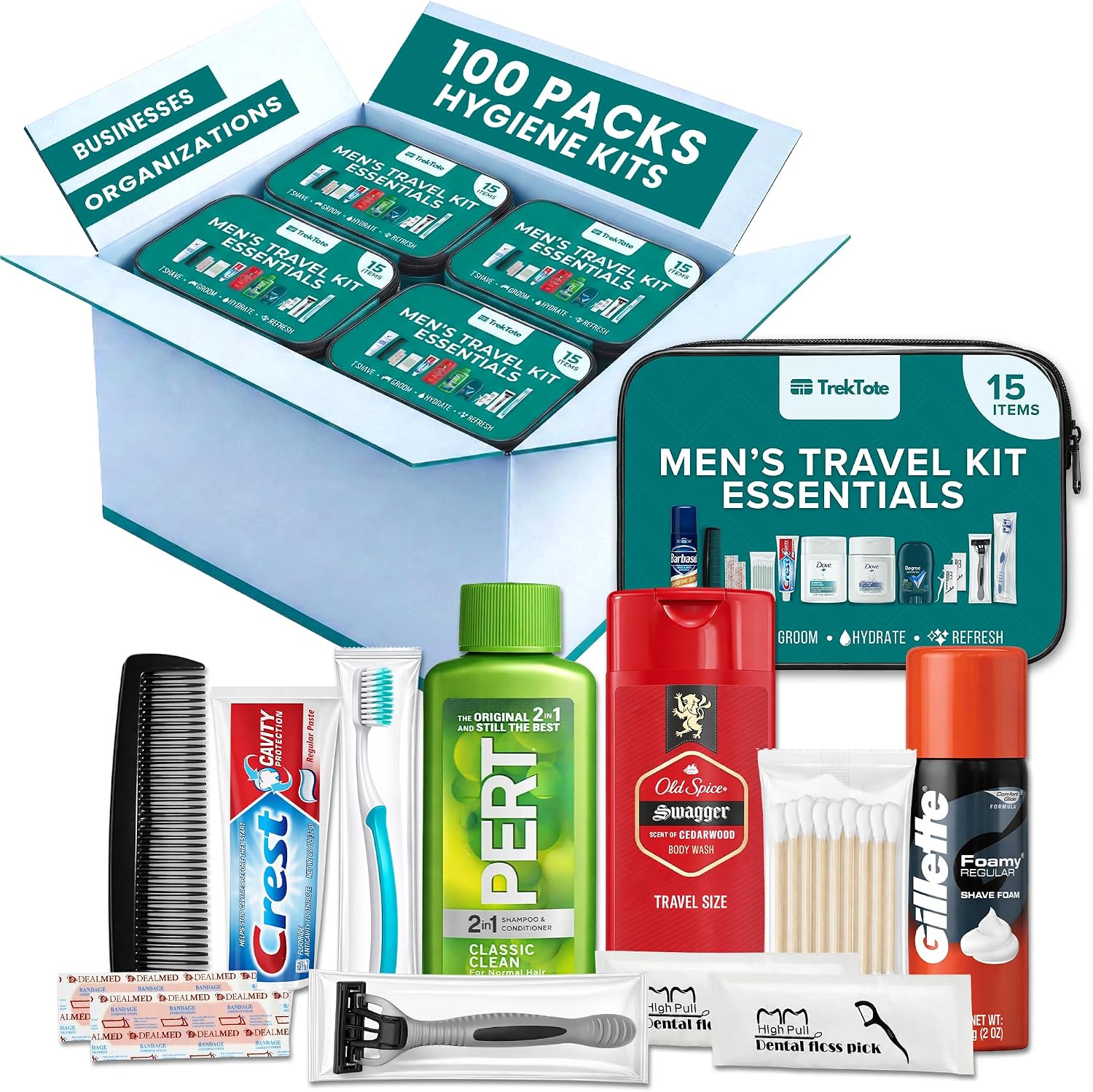 TrekTote Bulk 100 Case Pack of Mens 15 Piece Set Hygiene Kits, Bulk Travel Size Toiletries Kits, Deodorant, Shampoo, Body Wash, Shaving Cream, Razor, Toothbrush, Toothpaste, Comb, Flossers, Swabs