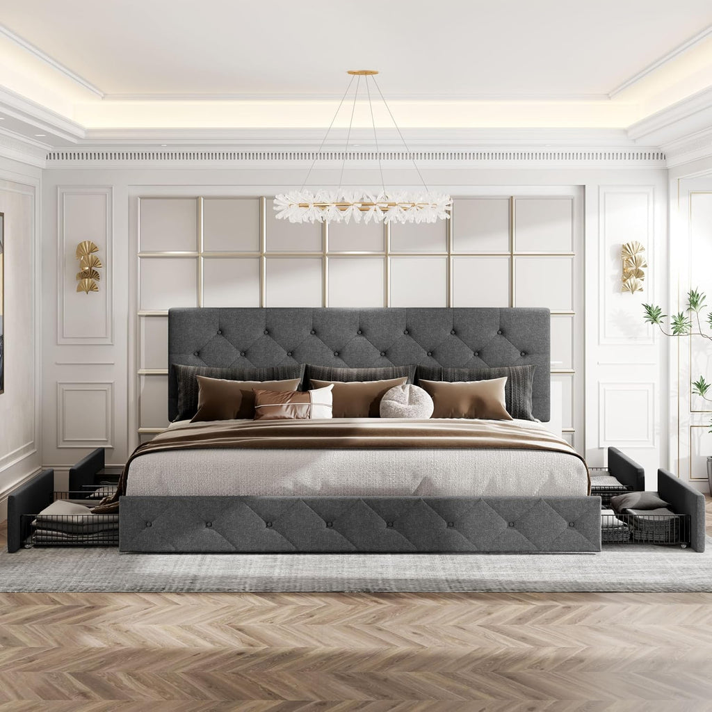 HOOMIC King Size Platform Storage Bed Frame with 4 Drawers & Adjustable Headboard, Wooden Slats, No Box Spring Needed,Diamond Stitched Button Tufted Design, Noise Free, Dark Grey