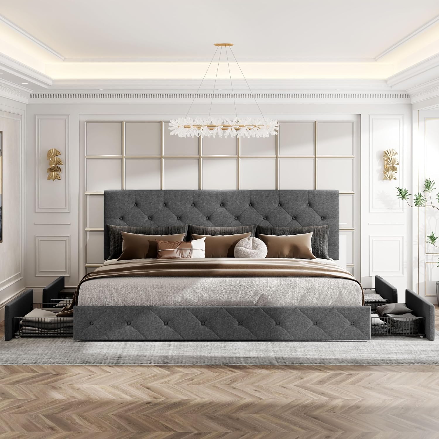 HOOMIC King Size Platform Storage Bed Frame with 4 Drawers & Adjustable Headboard, Wooden Slats, No Box Spring Needed,Diamond Stitched Button Tufted Design, Noise Free, Dark Grey