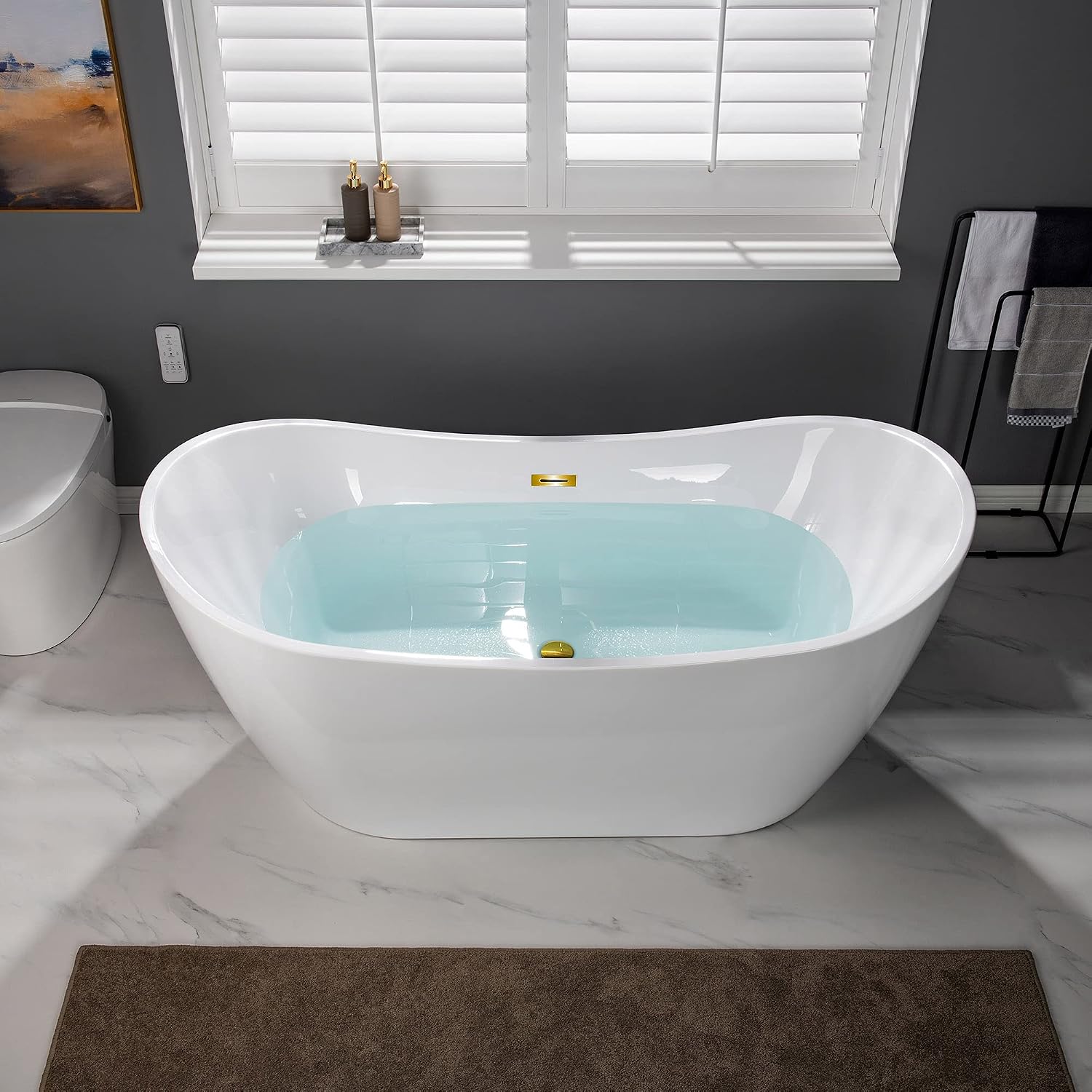 WOODBRIDGE 67'Freestanding White Acylic Soaking Bathtub with Brushed Gold Drain and Overflow,BTA1515-BG