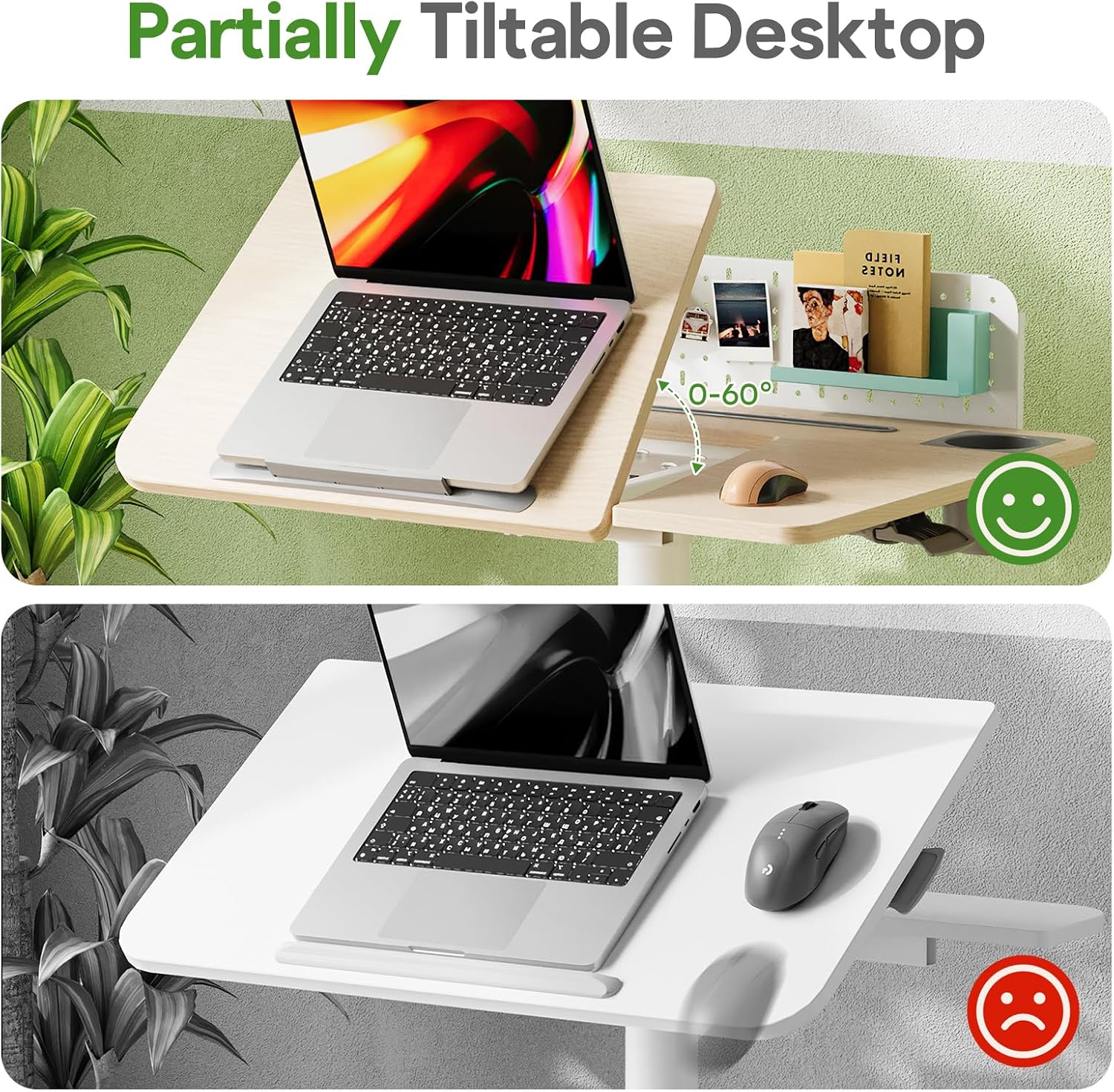 JOY worker Mobile Standing Desk with 60° Tiltable Desktop, 28' Height Adjustable Rolling Desk, DIY Pegboard & Storage Base, Portable Laptop Desk with 4 Lockable Wheels for Home Office, Oak