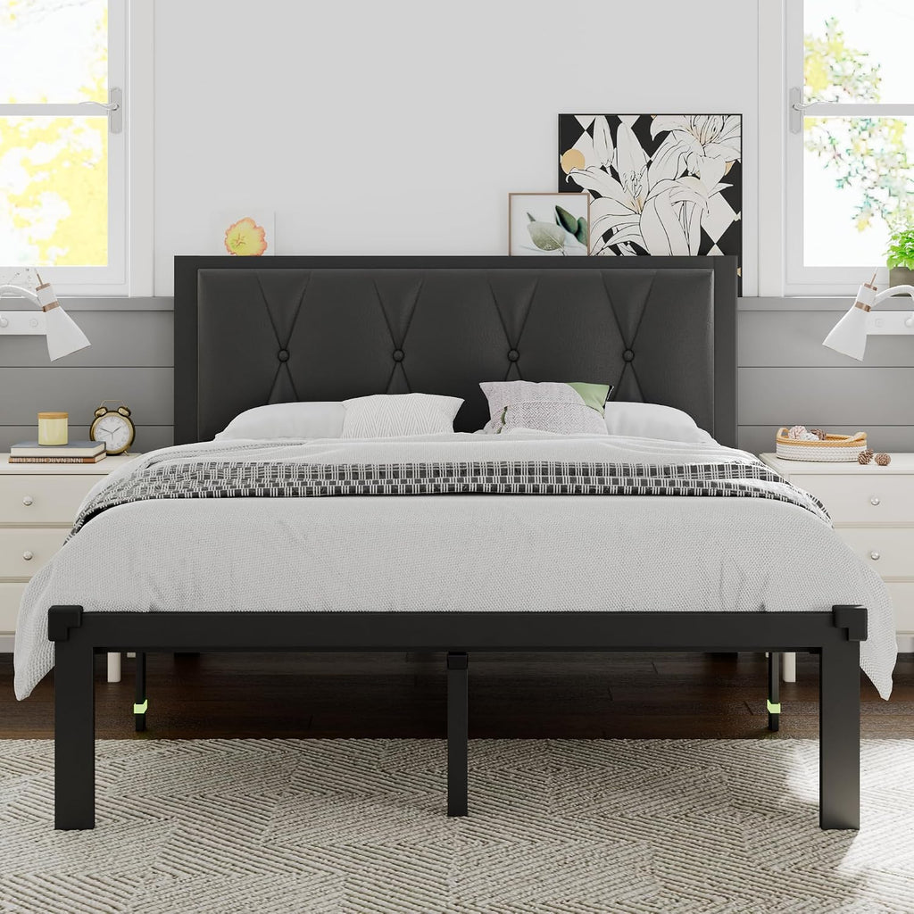 Einhomn Full Size Metal Bed Frame, Platform Bed with Faux Leather Button Tufted Headboard, 12' Underbed Storage, Steel Slats Support, No Box Spring Needed, Easy Assembly, Noise-Free, Black
