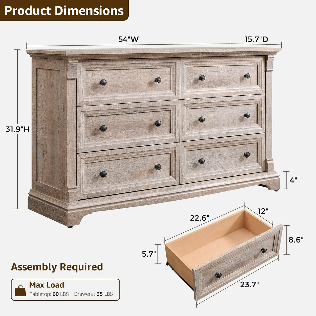 Farmhouse 6 Drawers Dresser for Bedroom, 54' Wide Large Dressers & Chests of Drawers w/Roman Column, Wooden Dresser TV Stand with Large Drawers for Nursery Bedroom Living Room Hallway,Light Rustic Oak
