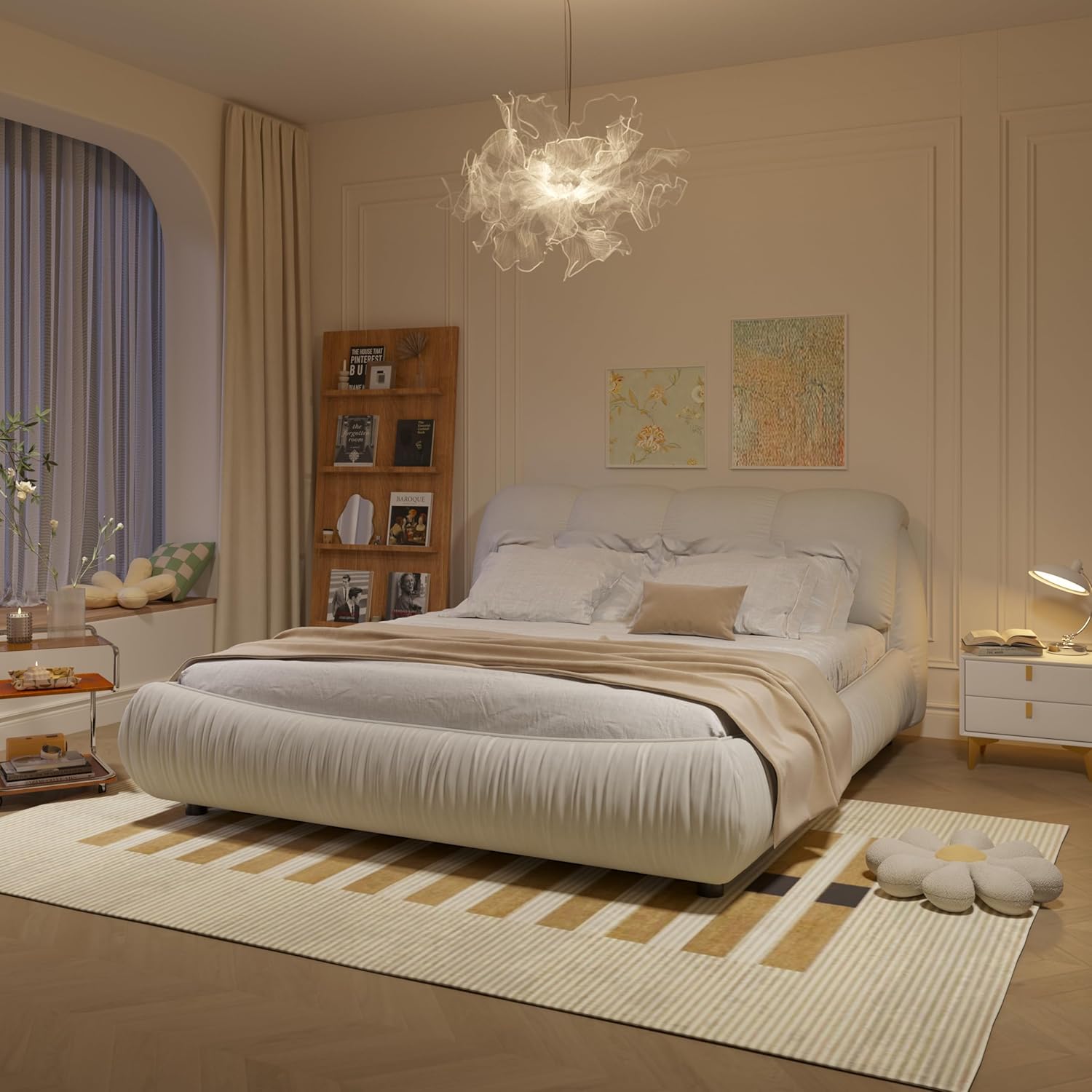 KEIKI Queen Size Upholstered Platform Bed with Oversized Padded Backrest,Thickening Pinewooden Slats and Metal Leg,Beige