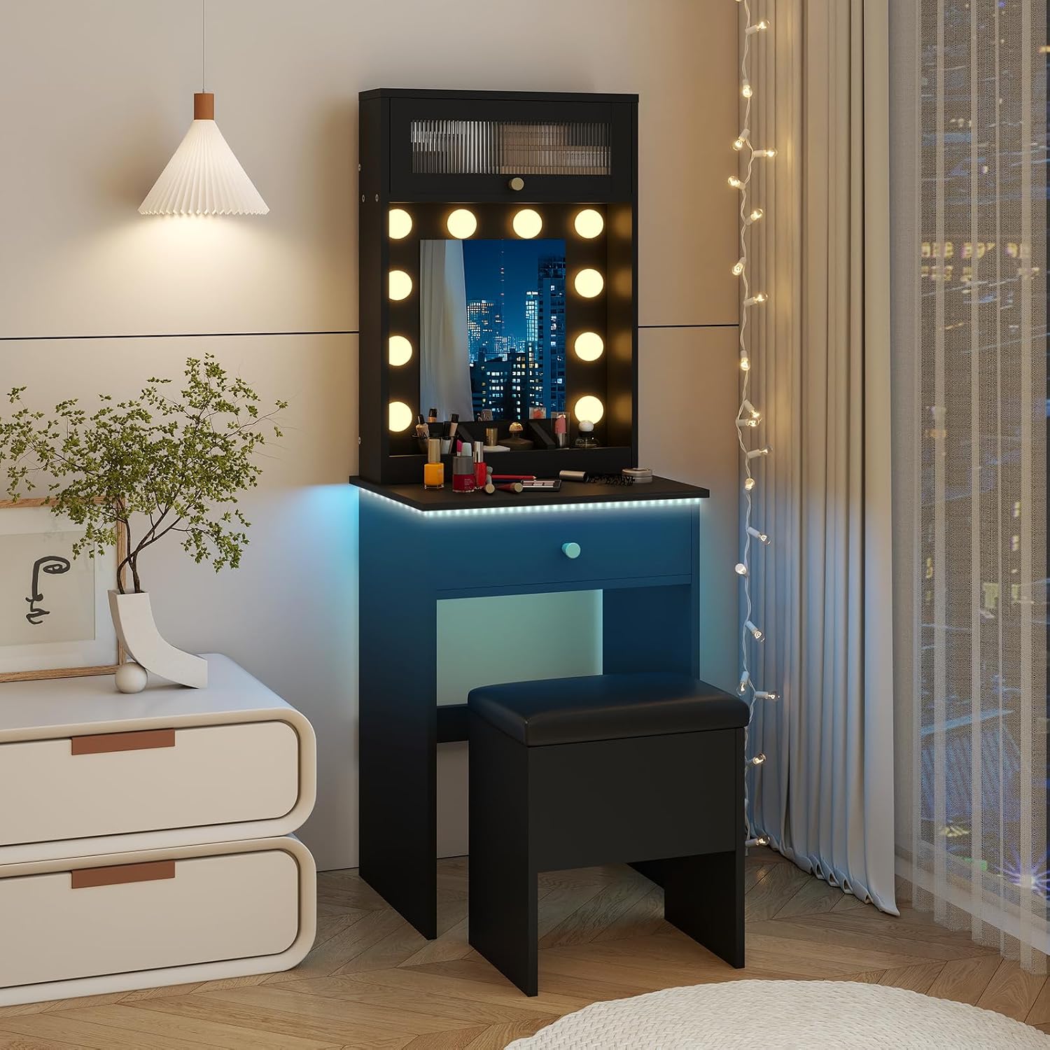 ARTETHYS Small Vanity Desk with Mirror and Lights Black Small Makeup Vanity with Storage Chair Mini Makeup Table Set for Bedroom Compact Dressing Table with RGB Lights for Tiny Space