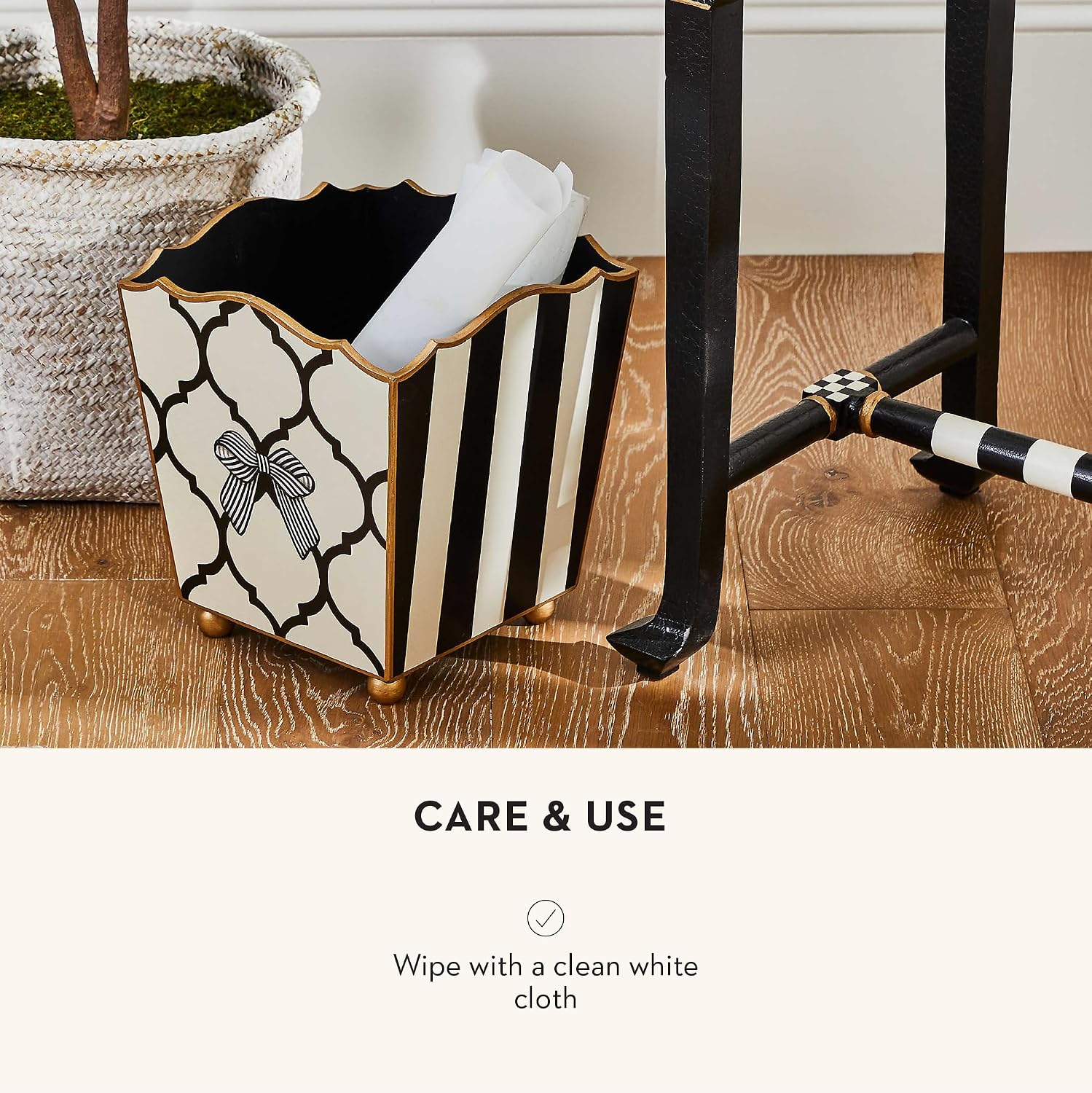 MACKENZIE-CHILDS Wood Waste Bin, Decorative Wastebasket for Bedroom and Bathroom Trash or Storage, Pretty as a Bow