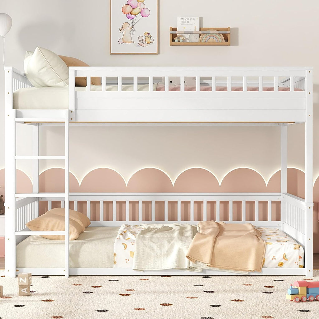 RUNNA Rustic Solid Wood Bunk Bed for Kids Teens with Ladder and Guardrails, Detachable Split Design,No Box Spring Needed (Off White, Queen Over Queen)