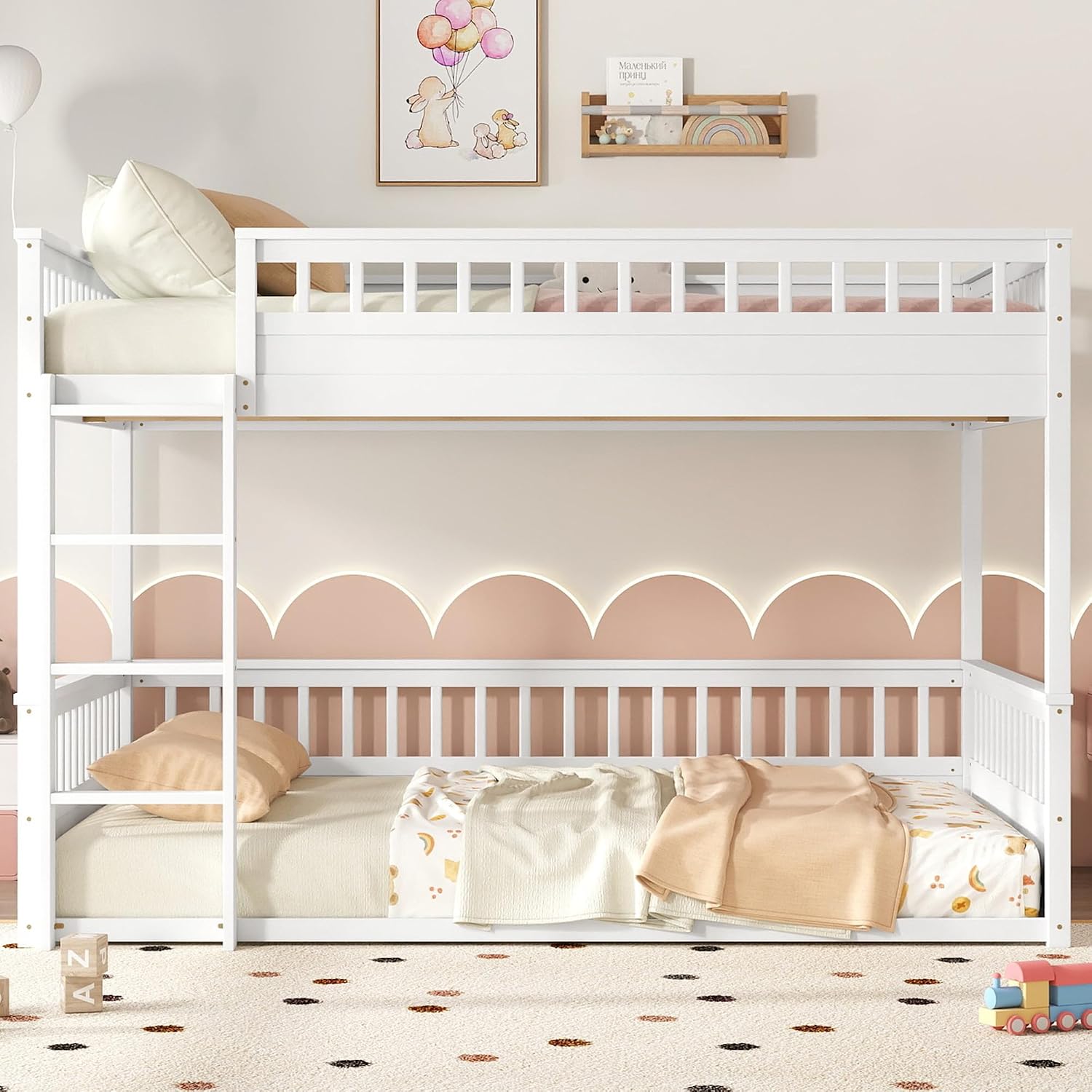 RUNNA Rustic Solid Wood Bunk Bed for Kids Teens with Ladder and Guardrails, Detachable Split Design,No Box Spring Needed (Off White, Queen Over Queen)