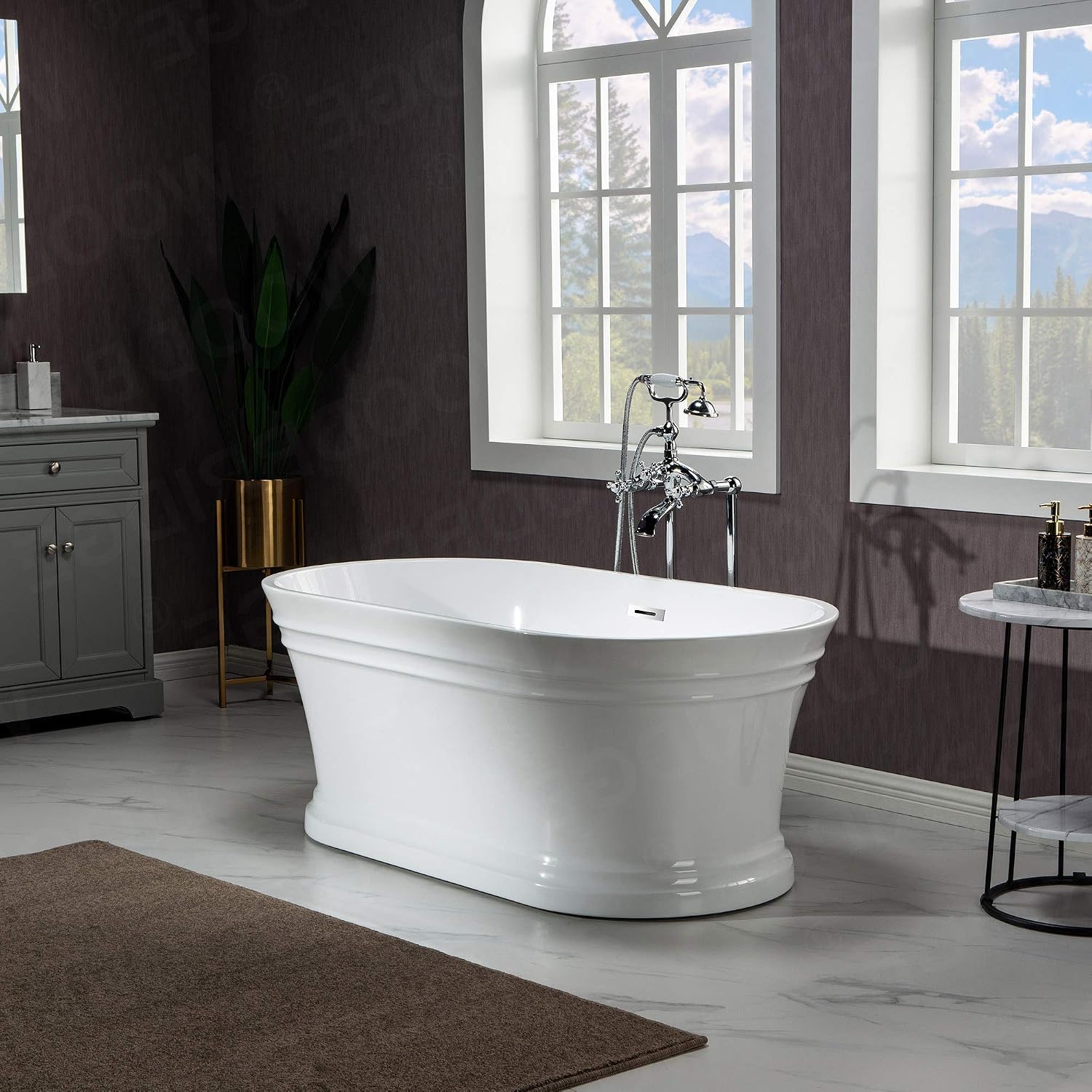 WOODBRIDGE 59'Freestanding White Acylic Soaking Bathtub with White Pillow,Drain and Overflow inChrome,BTA1536 -C-Drain &O+ Pillow