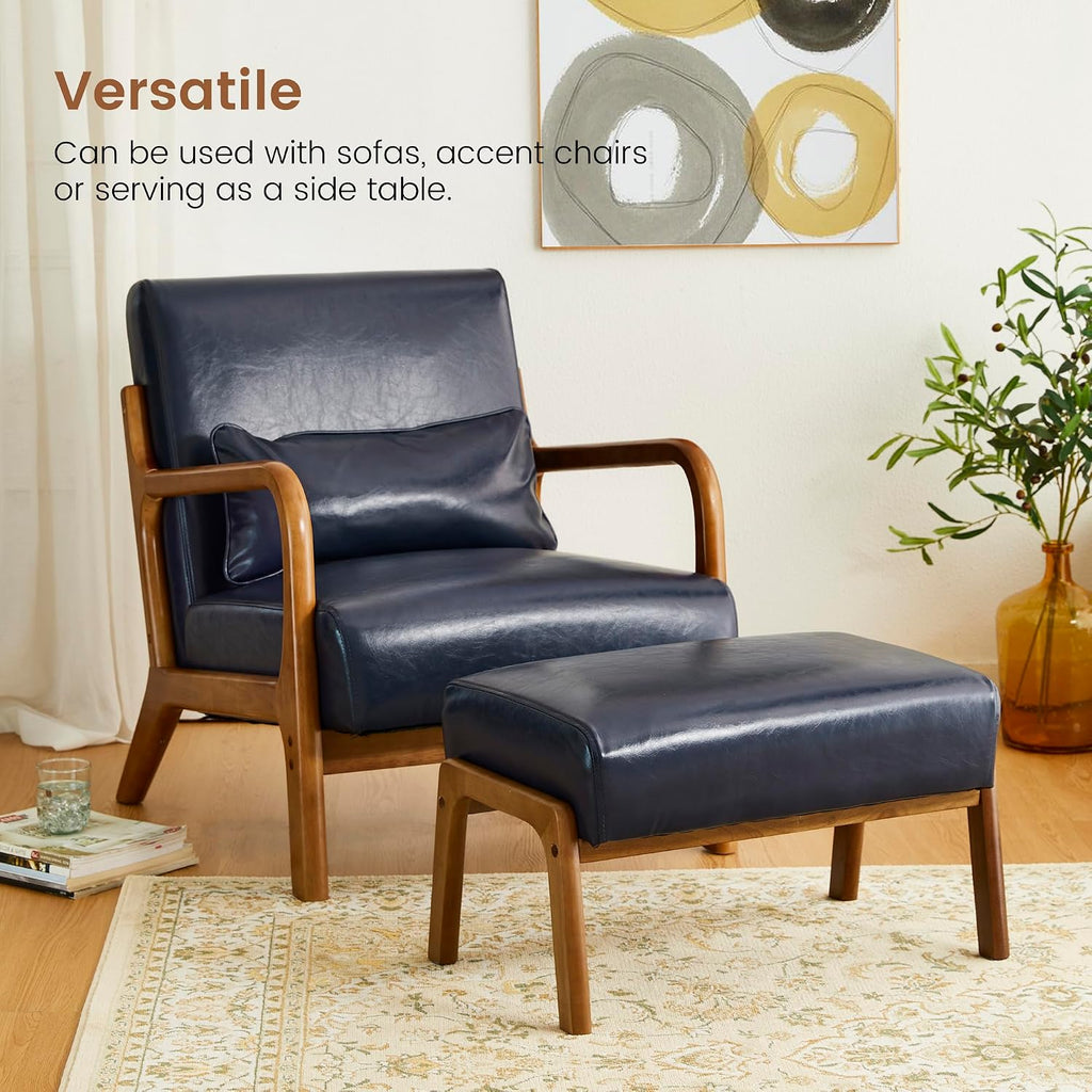Glitzhome Foot Stool, Leatherette Wooden Step Stool, Modern Rectangle Ottoman Wide Vanity Stool with Cushion for Couch Living Room Bedroom Entryway, Navy Blue