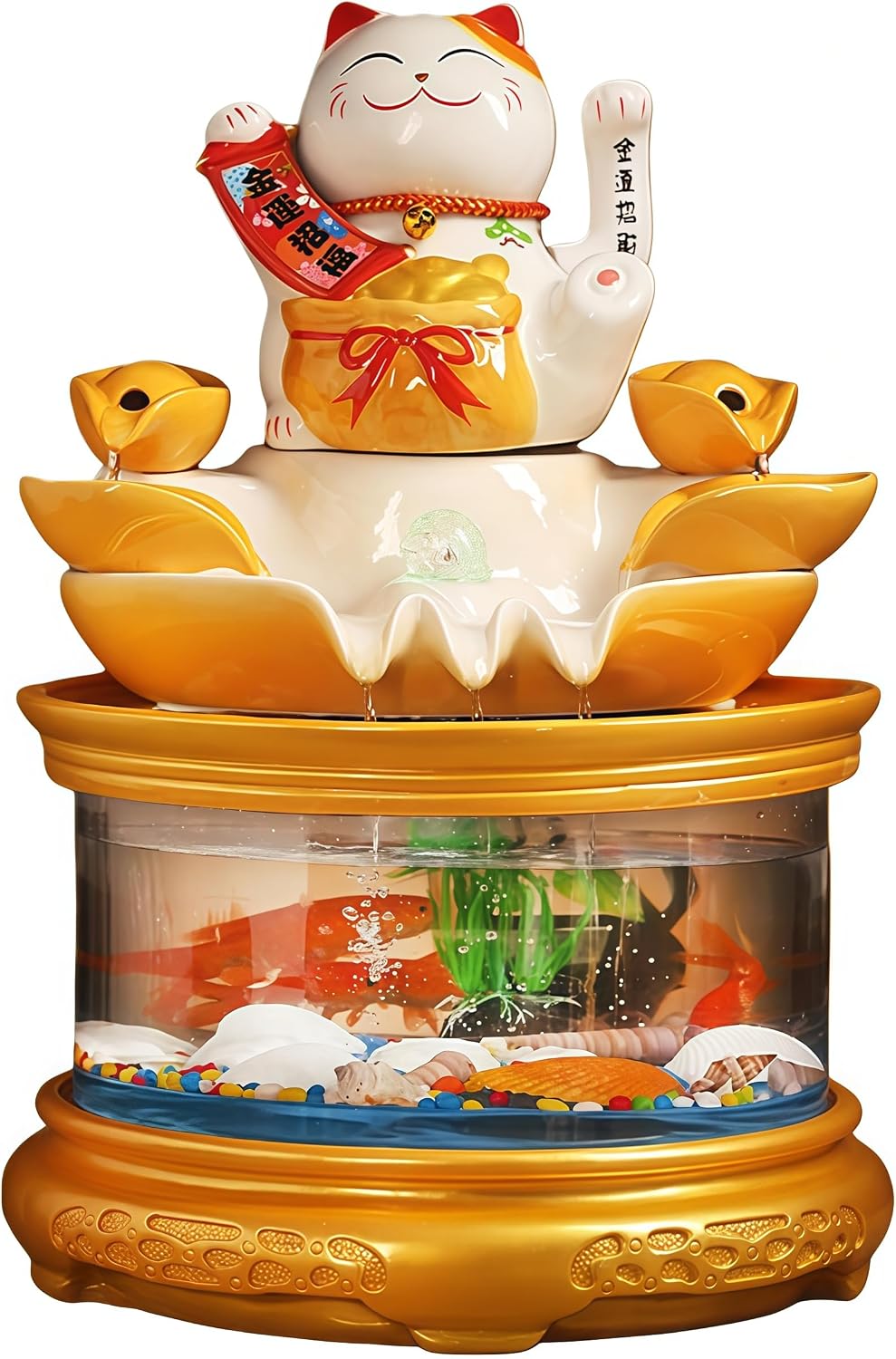 Tabletop Water Fountain Indoor with Maneki Neko, Money Lucky Cat, Fish Tank Decorations for Feng Shui Decor & Gifts for Home, Feng Shui Statue, Chinese New Year Decoration, Chinese Decor & Gifts (B)