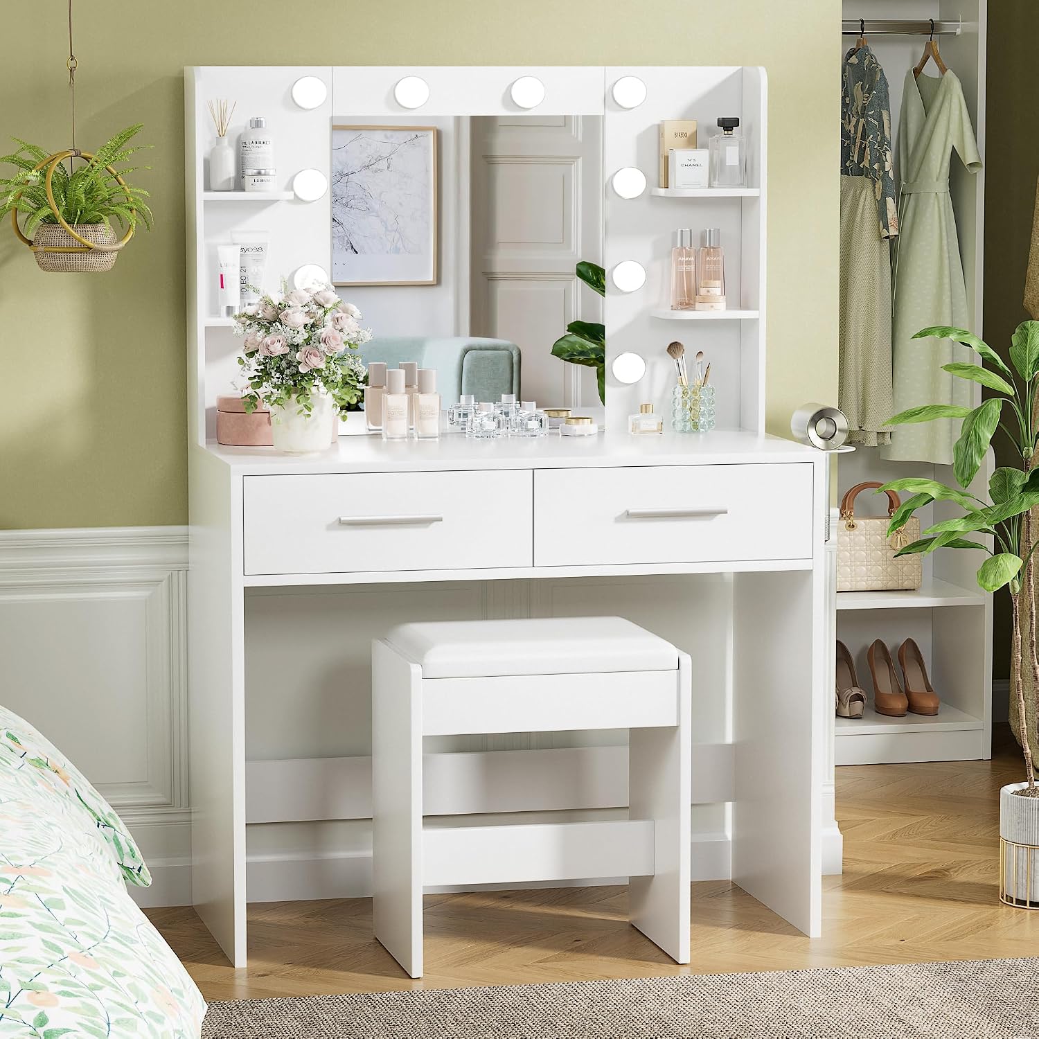 YESHOMY Vanity Desk with Mirror, Makeup Table with 2 Large Drawers, Power Outlet and Round Holder, 3 Color Modes Adjustable Bulb, Bench Included, Easy Assembly, Gloss White