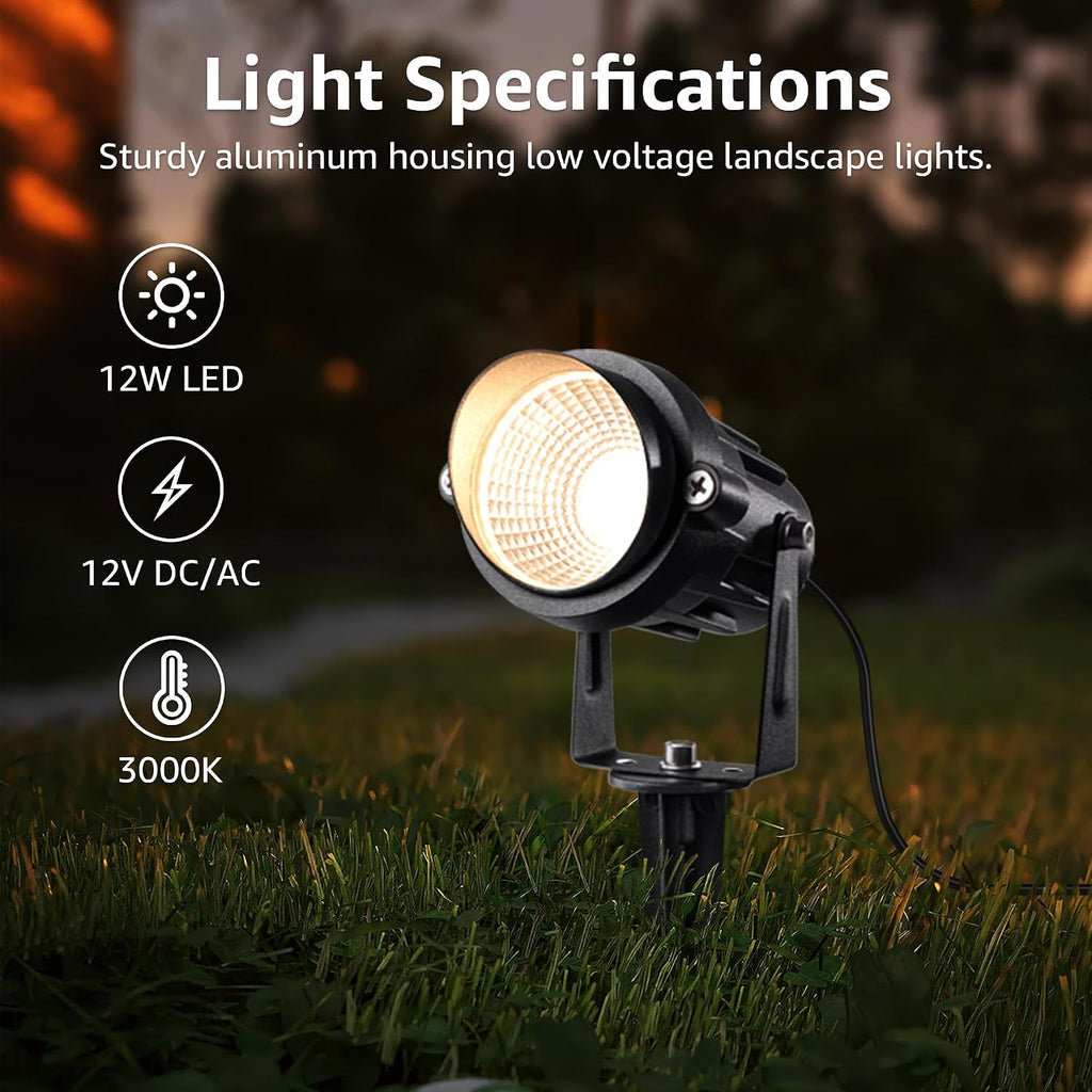 SUNVIE 12 Pack Low Voltage Landscape Lights with 300W Transformer 12-24V LED Landscape Lighting Kit 3000K Waterproof Aluminum Landscape Spotlights with Wire Connectors for House Yard Tree Garden