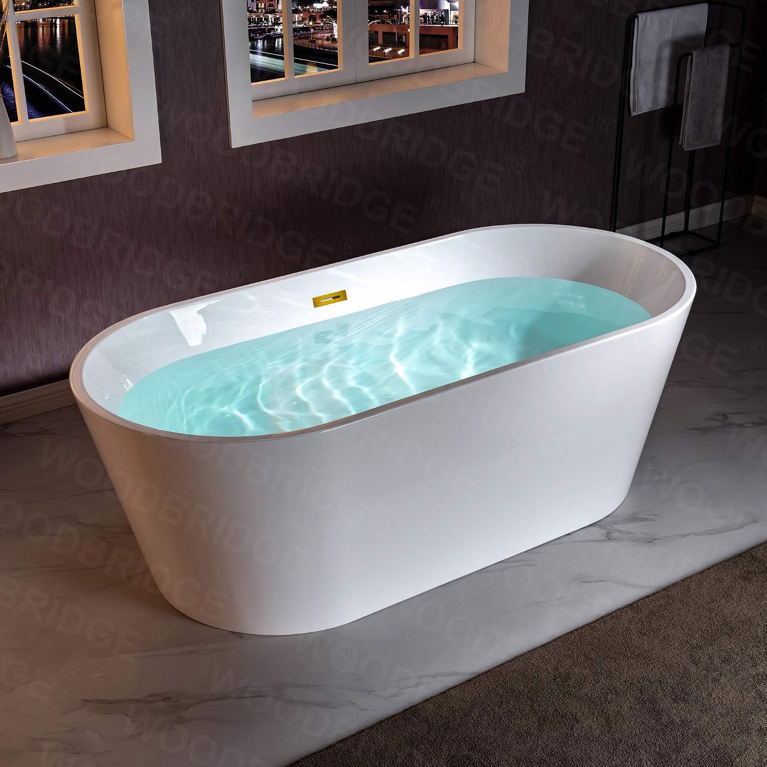 WOODBRIDGE 67' Acrylic Freestanding Bathtub Contemporary Soaking White Tub with Brushed Gold Overflow and Drain，B0013 -BG-Drain &O