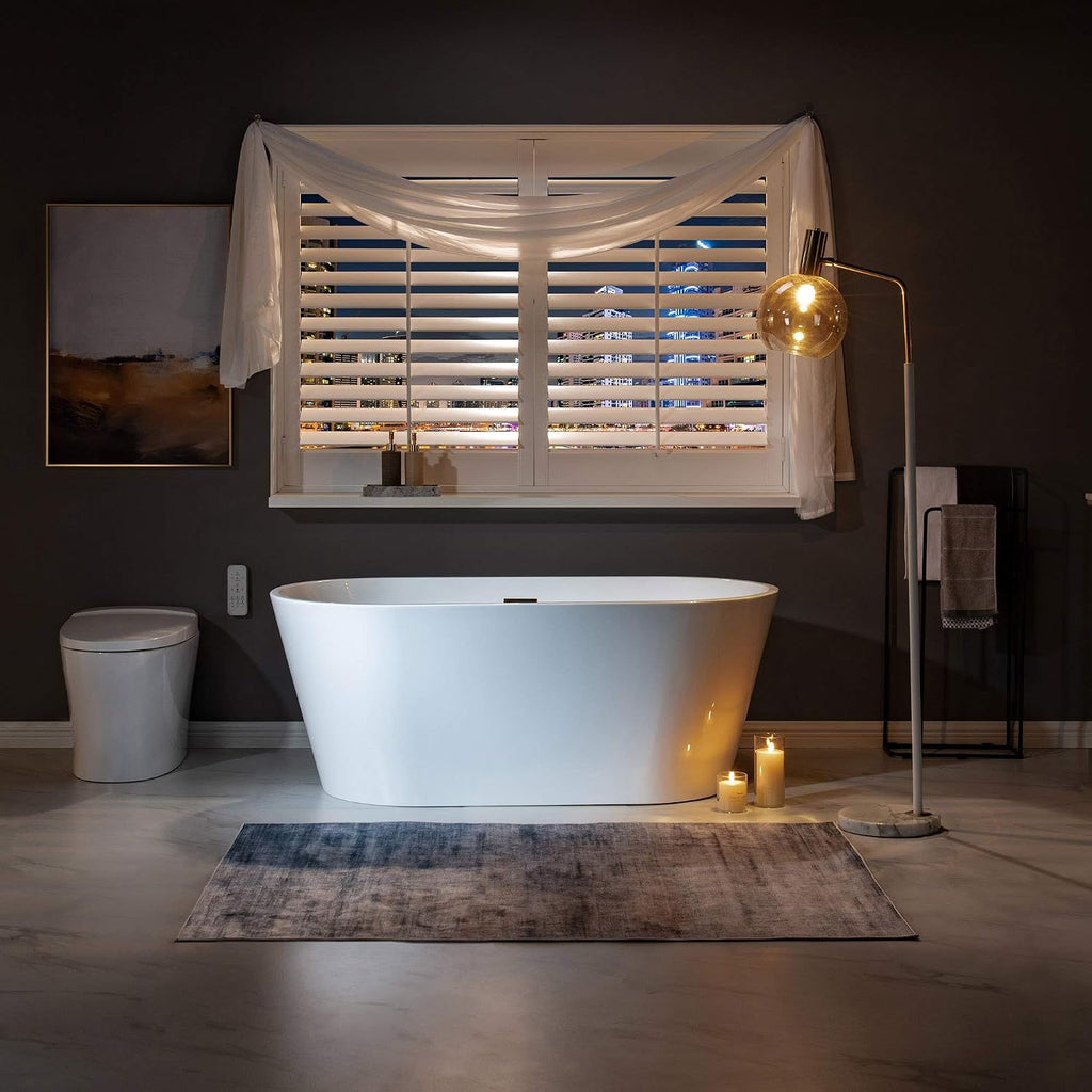 WOODBRIDGE 59' Acrylic Freestanding Bathtub Contemporary Soaking Tub, White Acrylic (Oil Rubbed Bronze Drain/Overflow),B0014 ORB Drain &O