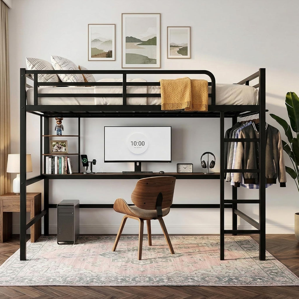 Queen Size Metal Loft Bed with Desk, LED Lights & USB Charging Station, Sturdy Noise-Free High Loft Bed Frame with Safety Guardrails, Space-Saving Loft Bedframe for Adults, Kids, Teens, Black (Queen)