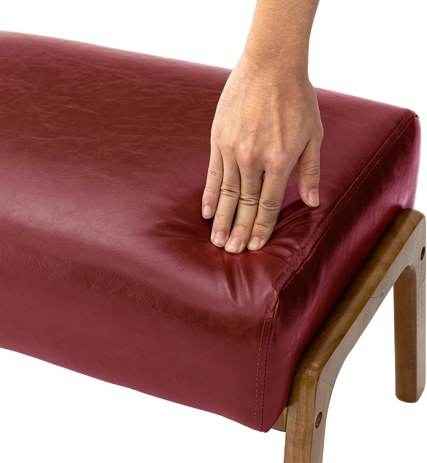 Glitzhome 2 Set Foot Stool Ottoman, Modern Leatherette Sofa Stool Vanity Chair with Rubber Wood Frame, Footrest Ottoman Bench for Living Room, Entryway, Wine Red