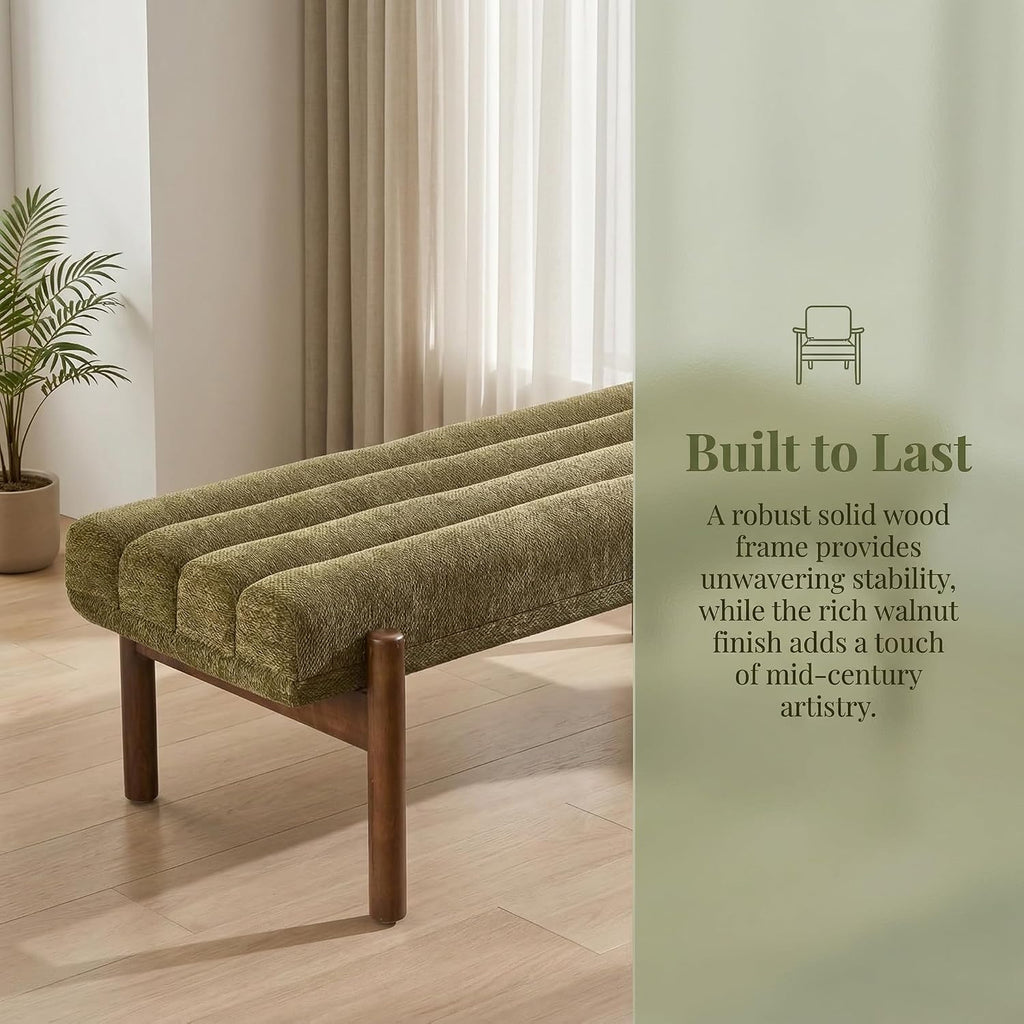 ROCITY Green Upholstered Bench Modern End of Bed Bench Chenille Fabric Bedroom Bench for Entryway Living Room Vanity Makeup Room, 47' Long, Wooden Legs