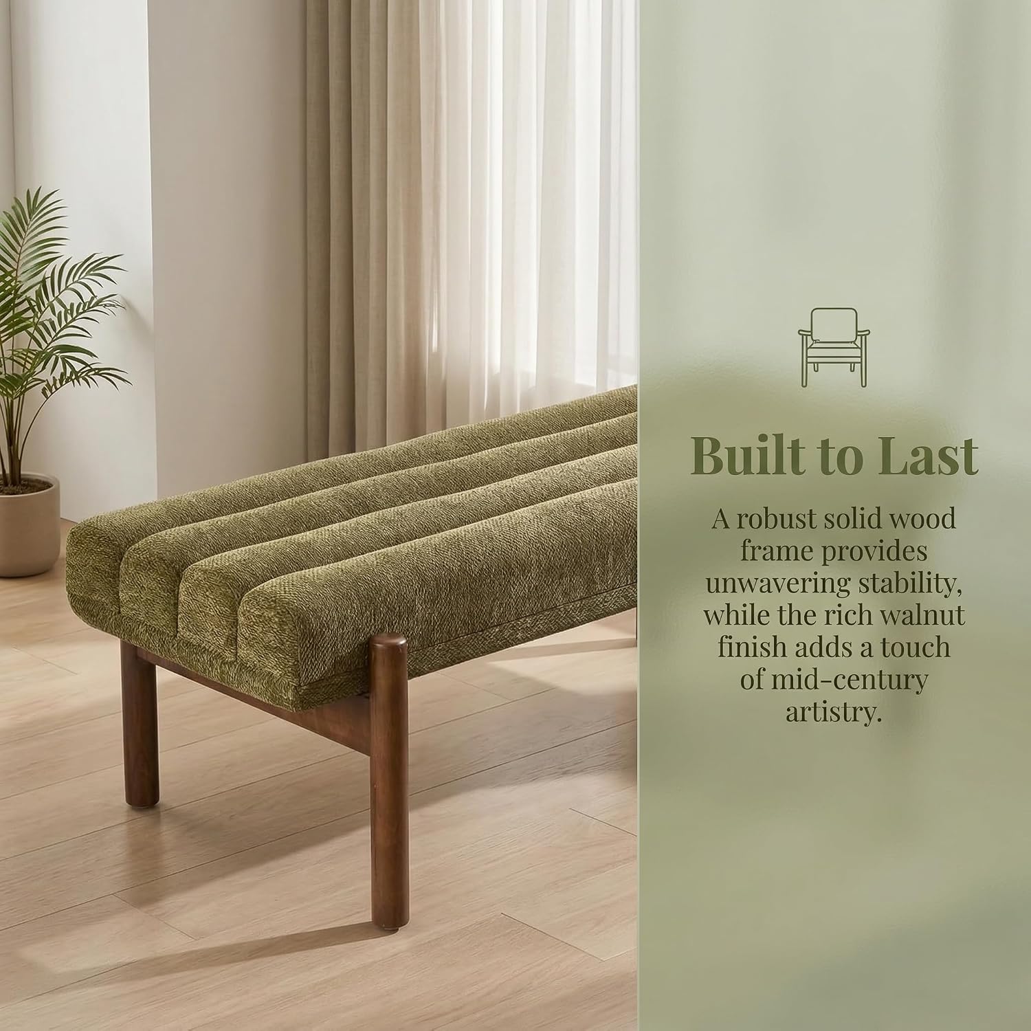 ROCITY Green Upholstered Bench Modern End of Bed Bench Chenille Fabric Bedroom Bench for Entryway Living Room Vanity Makeup Room, 47' Long, Wooden Legs