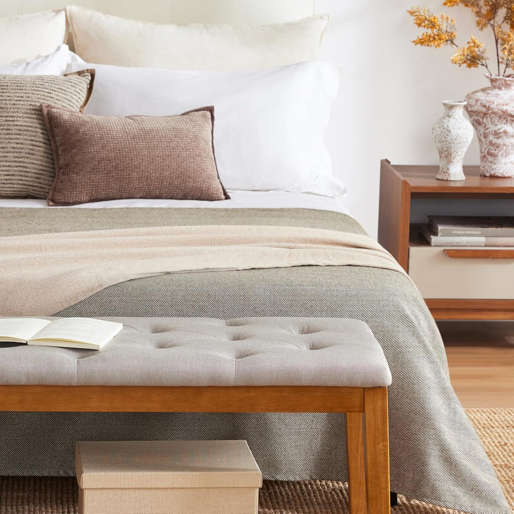Ottoman Bench Upholstered Padded Seat with Solid Wood Legs and Button-Tufted, Big Oversized Ottoman, Linen Taupe