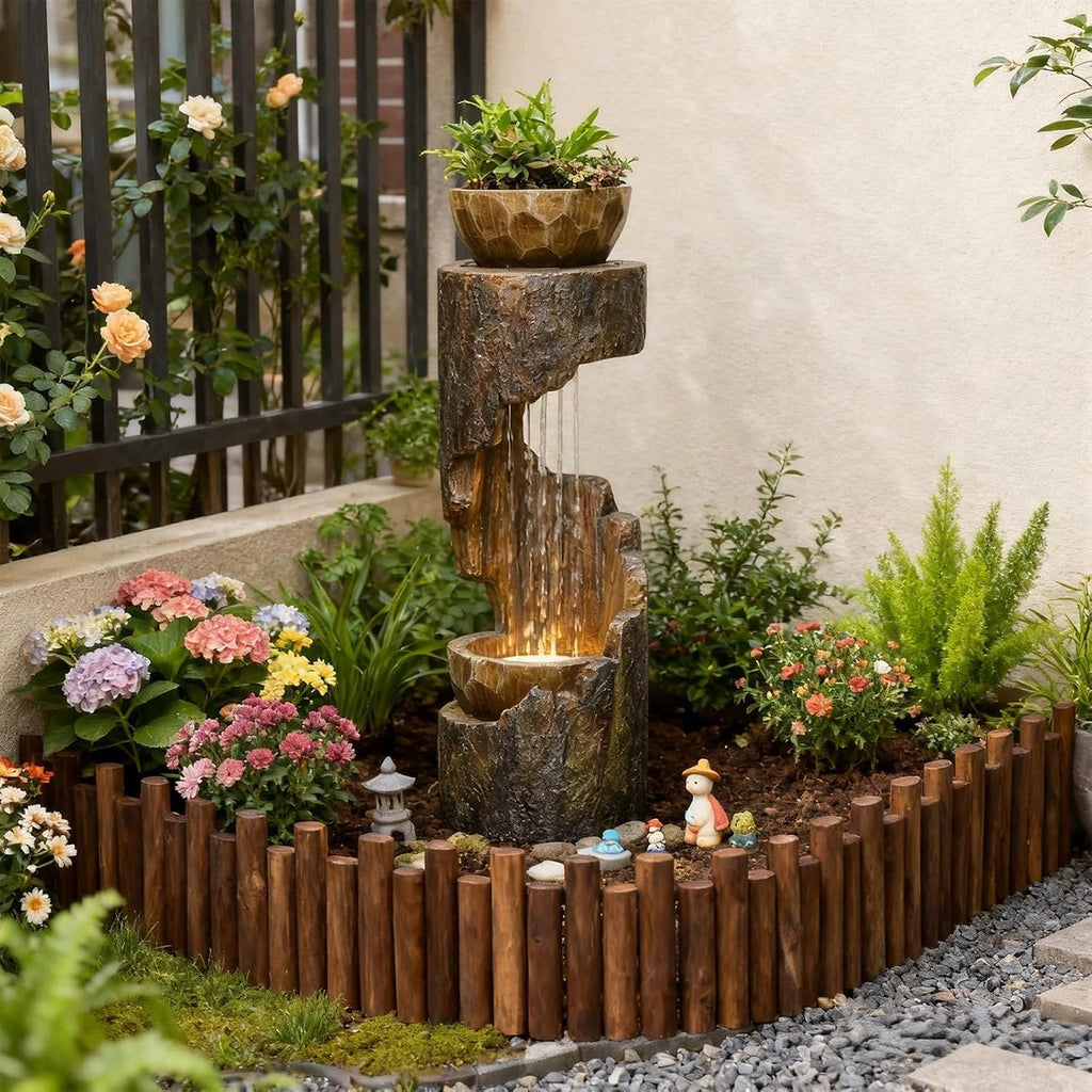 Sunlinua Outdoor Water Fountain with LED Light, Modern Spiral Tiered Outdoor Fountain with Wooden Planter Curved Freestanding Waterfall Fountains for Garden Patio Deck Porch