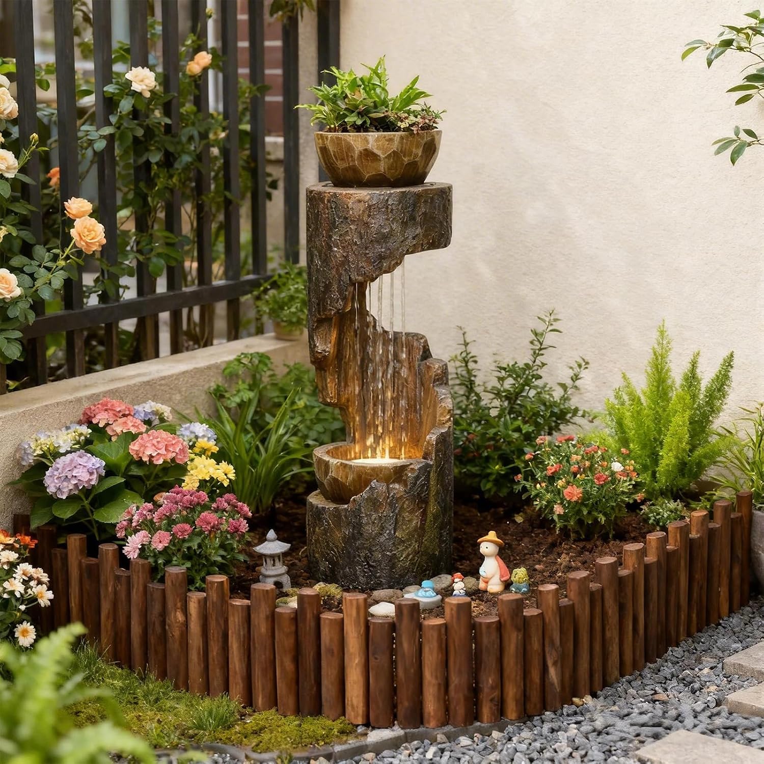Sunlinua Outdoor Water Fountain with LED Light, Modern Spiral Tiered Outdoor Fountain with Wooden Planter Curved Freestanding Waterfall Fountains for Garden Patio Deck Porch